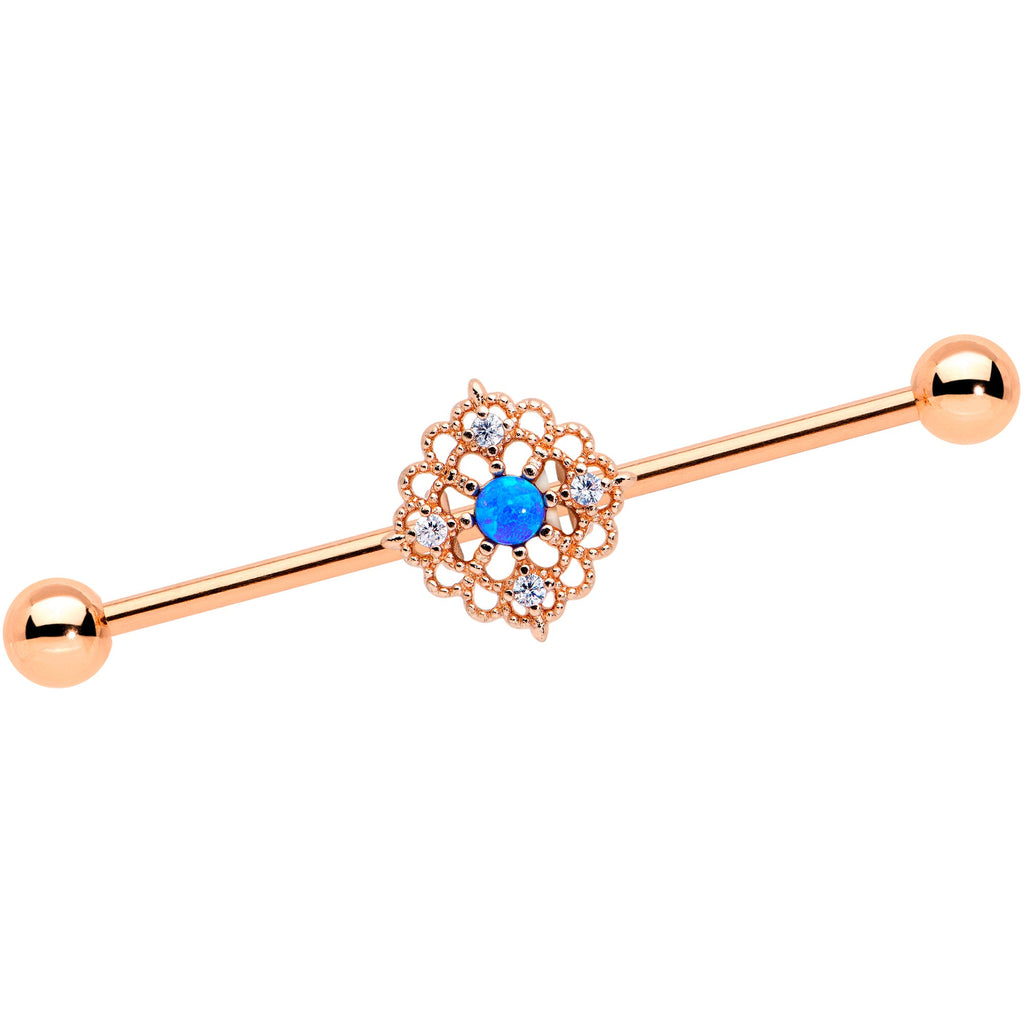 BodyCandy 14G Blue Synth Opal Rose Gold Tone Lacy Industrial Barbell 38mm — main product shot
