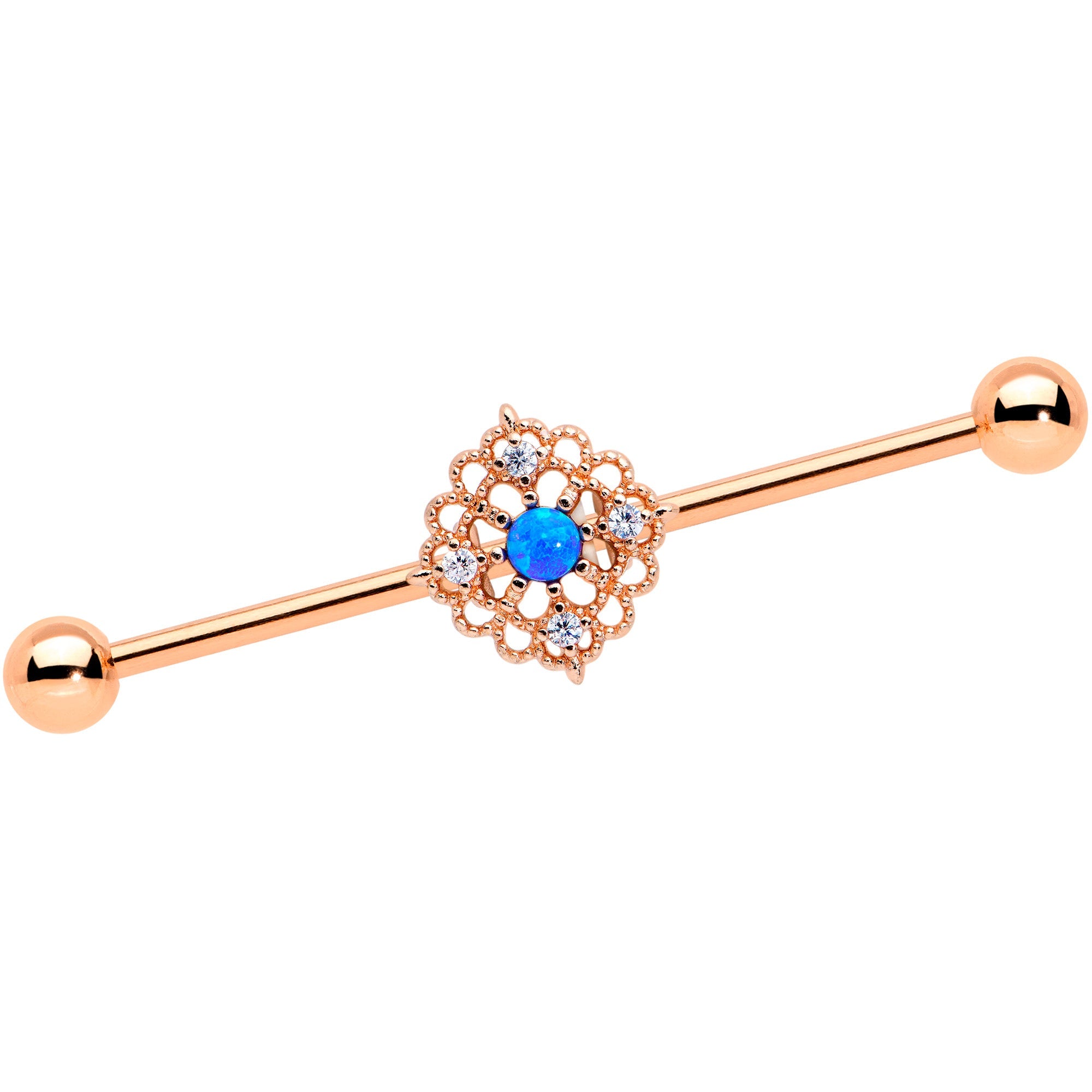 BodyCandy 14G Blue Synth Opal Rose Gold Tone Lacy Industrial Barbell 38mm — main product shot
