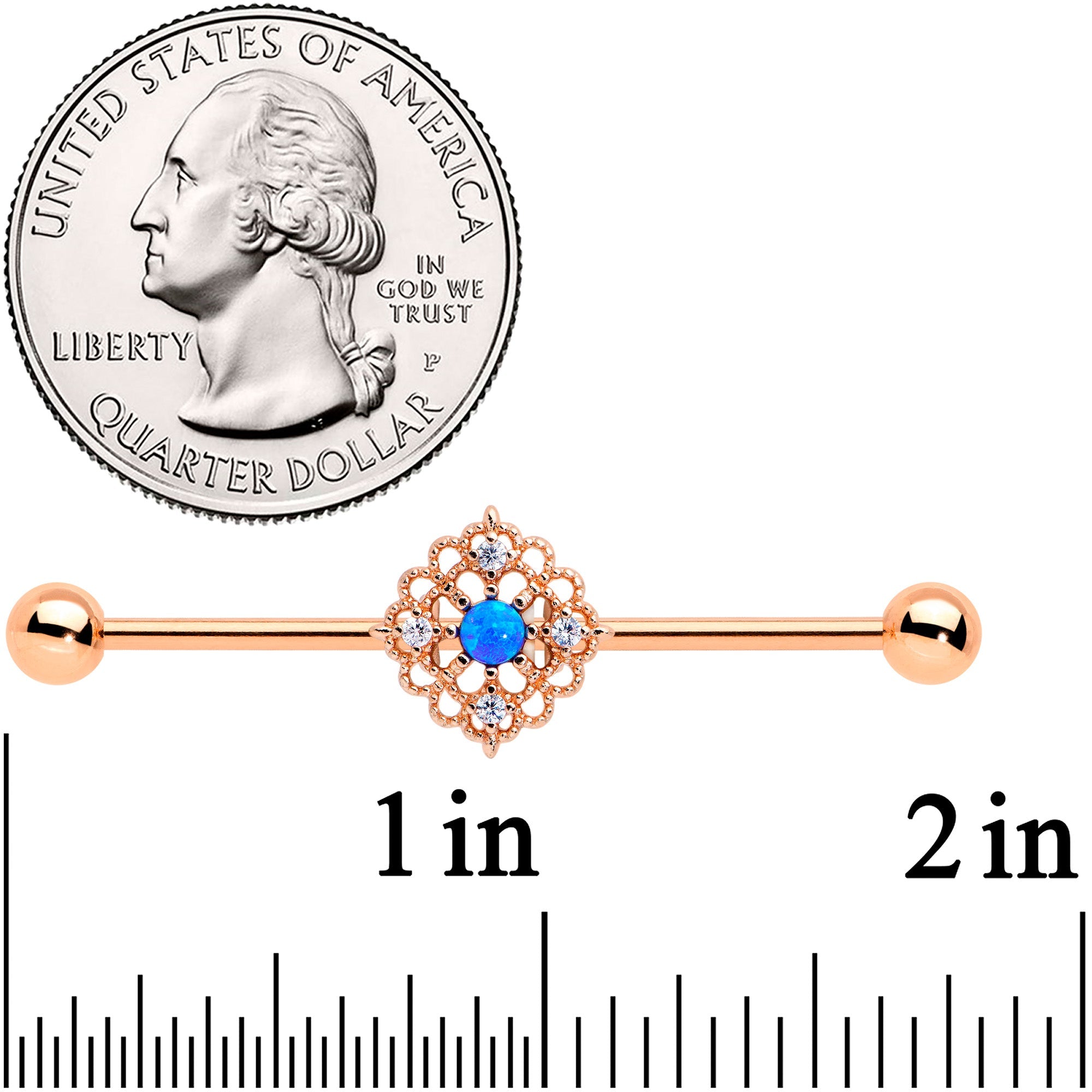 BodyCandy 14G Blue Synth Opal Rose Gold Tone Lacy Industrial Barbell 38mm — detail close-up