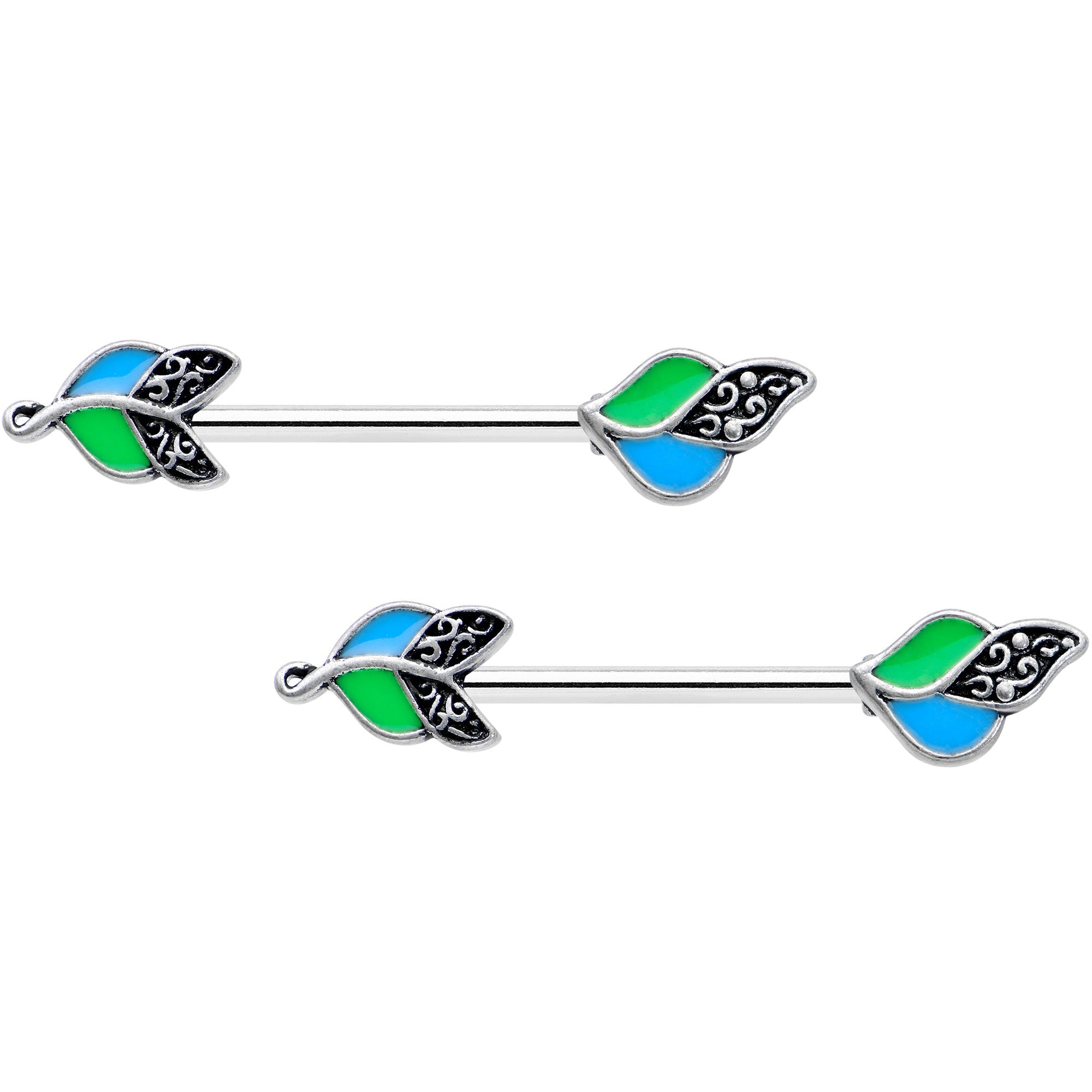 BodyCandy 14G 9/16 Filigree Blue Green Leaves Barbell Nipple Ring Set — main product shot