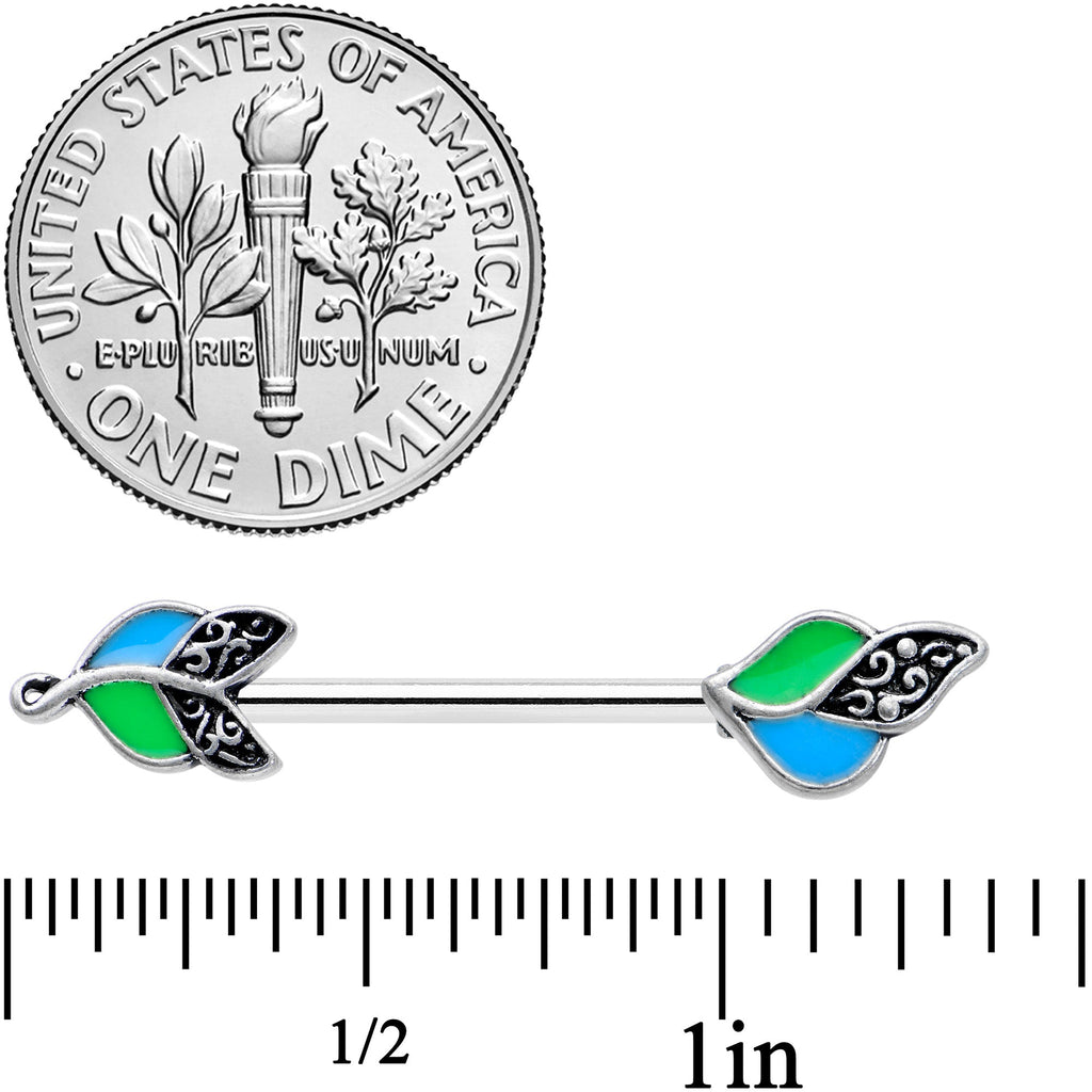 BodyCandy 14G 9/16 Filigree Blue Green Leaves Barbell Nipple Ring Set — detail close-up