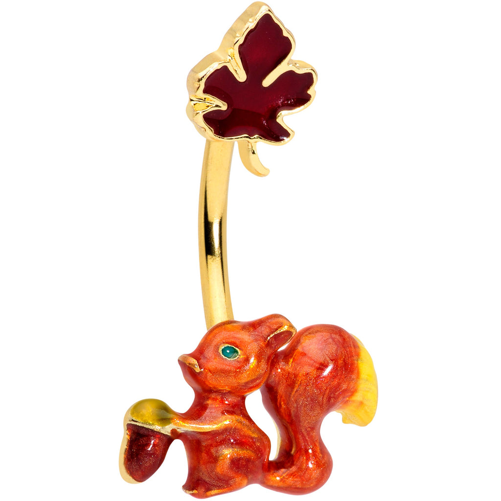 BodyCandy Gold Tone Happy Squirrel Maple Leaf Autumn Belly Ring — main product shot