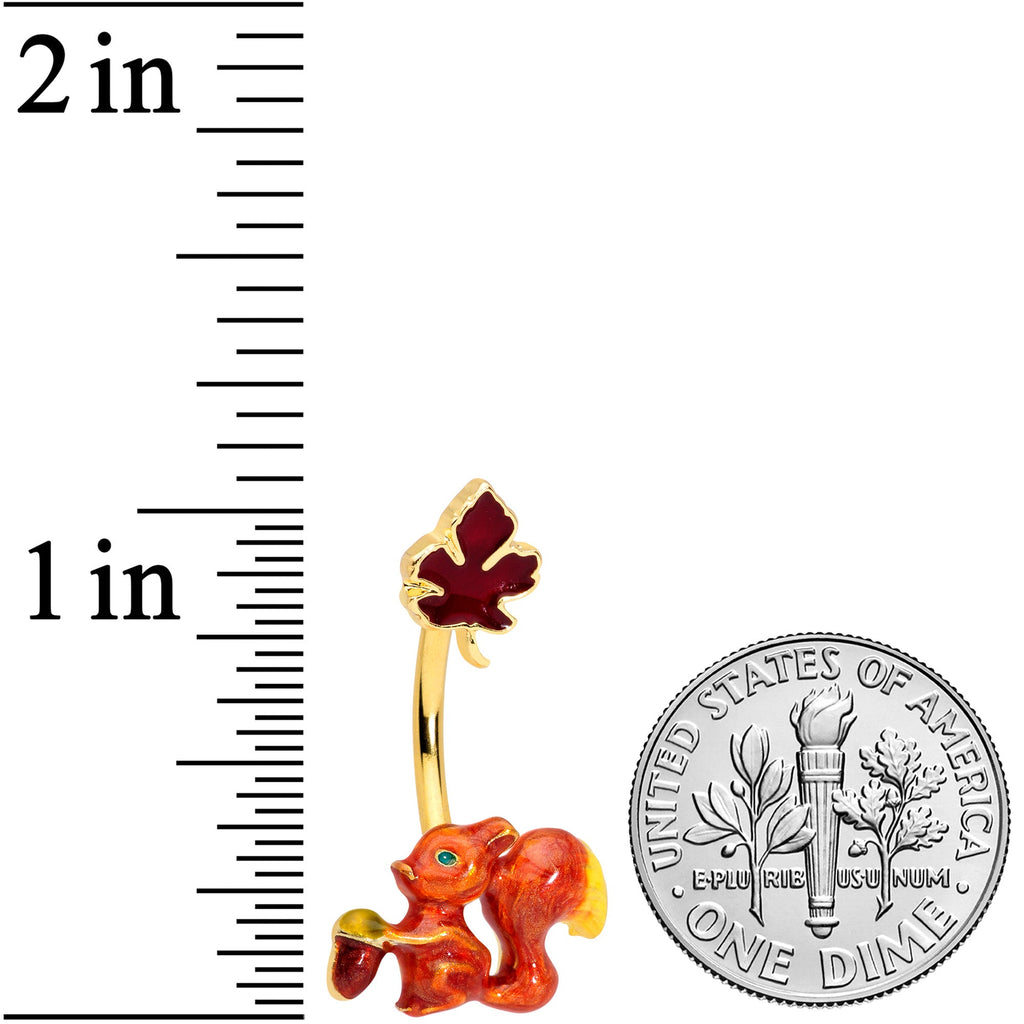 BodyCandy Gold Tone Happy Squirrel Maple Leaf Autumn Belly Ring — detail close-up