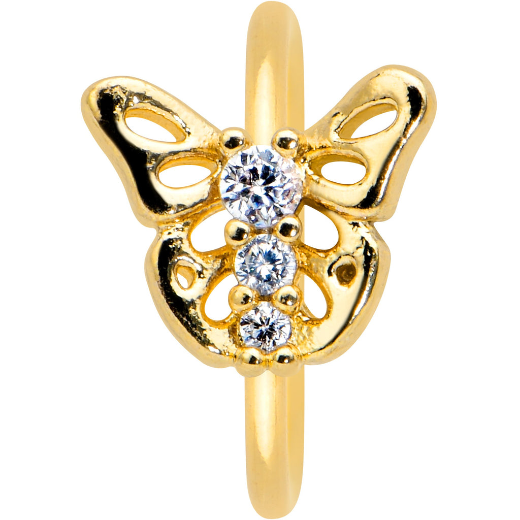 BodyCandy 20G 5/16 Clear CZ Gem Gold Tone Open Butterfly Nose Hoop — detail close-up