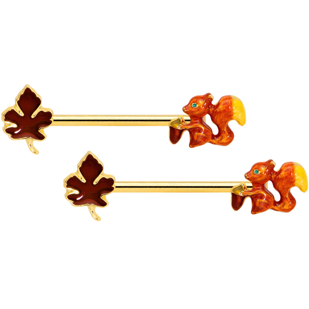 BodyCandy 14G 9/16 Gold Tone Happy Squirrel Autumn Barbell Nipple Ring Set — main product shot