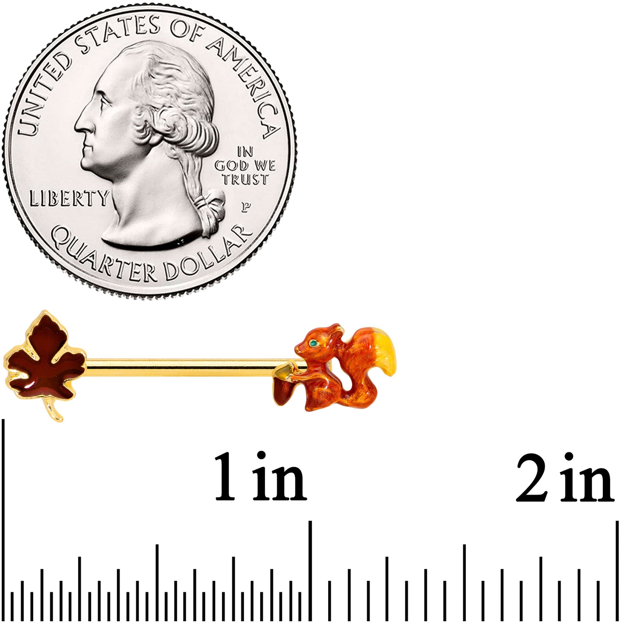 BodyCandy 14G 9/16 Gold Tone Happy Squirrel Autumn Barbell Nipple Ring Set — detail close-up
