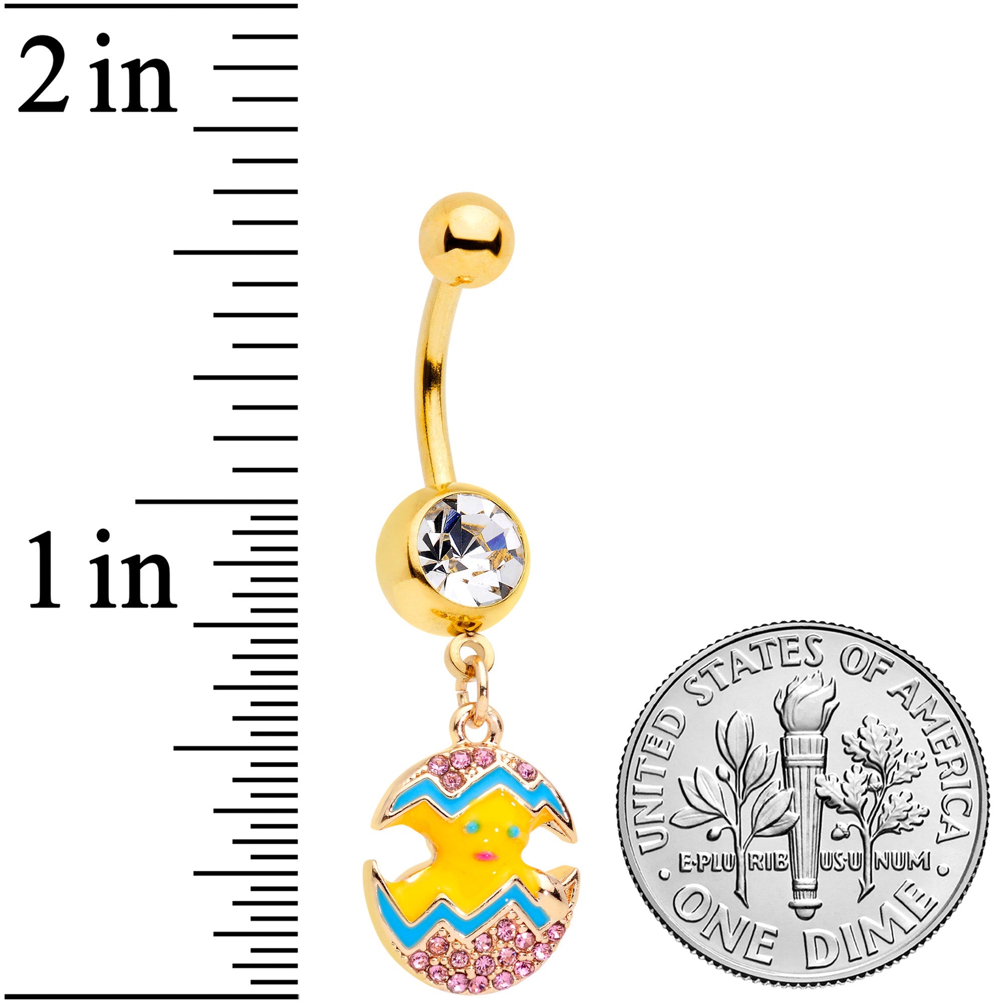 BodyCandy Clear Gem Gold Tone Funky Painted Easter Egg Chick Dangle Belly Ring — detail close-up