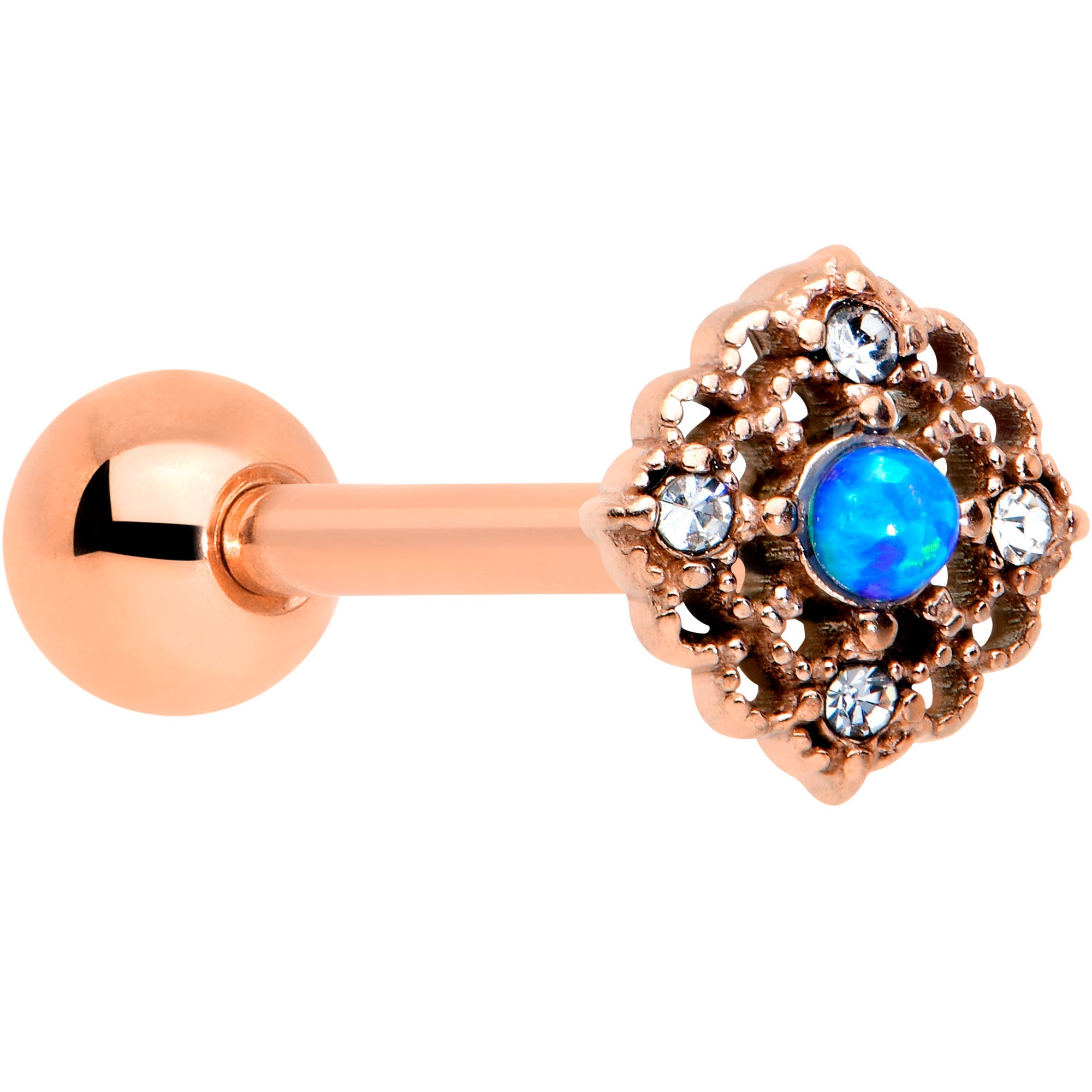 BodyCandy Blue Synthetic Opal Rose Gold Tone Lacy Barbell Tongue Ring — main product shot