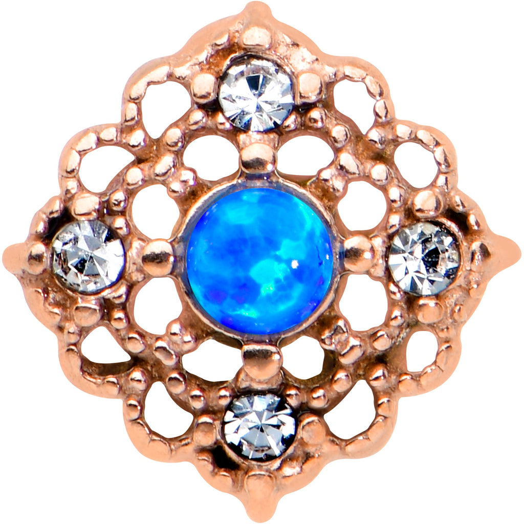 BodyCandy Blue Synthetic Opal Rose Gold Tone Lacy Barbell Tongue Ring — detail close-up