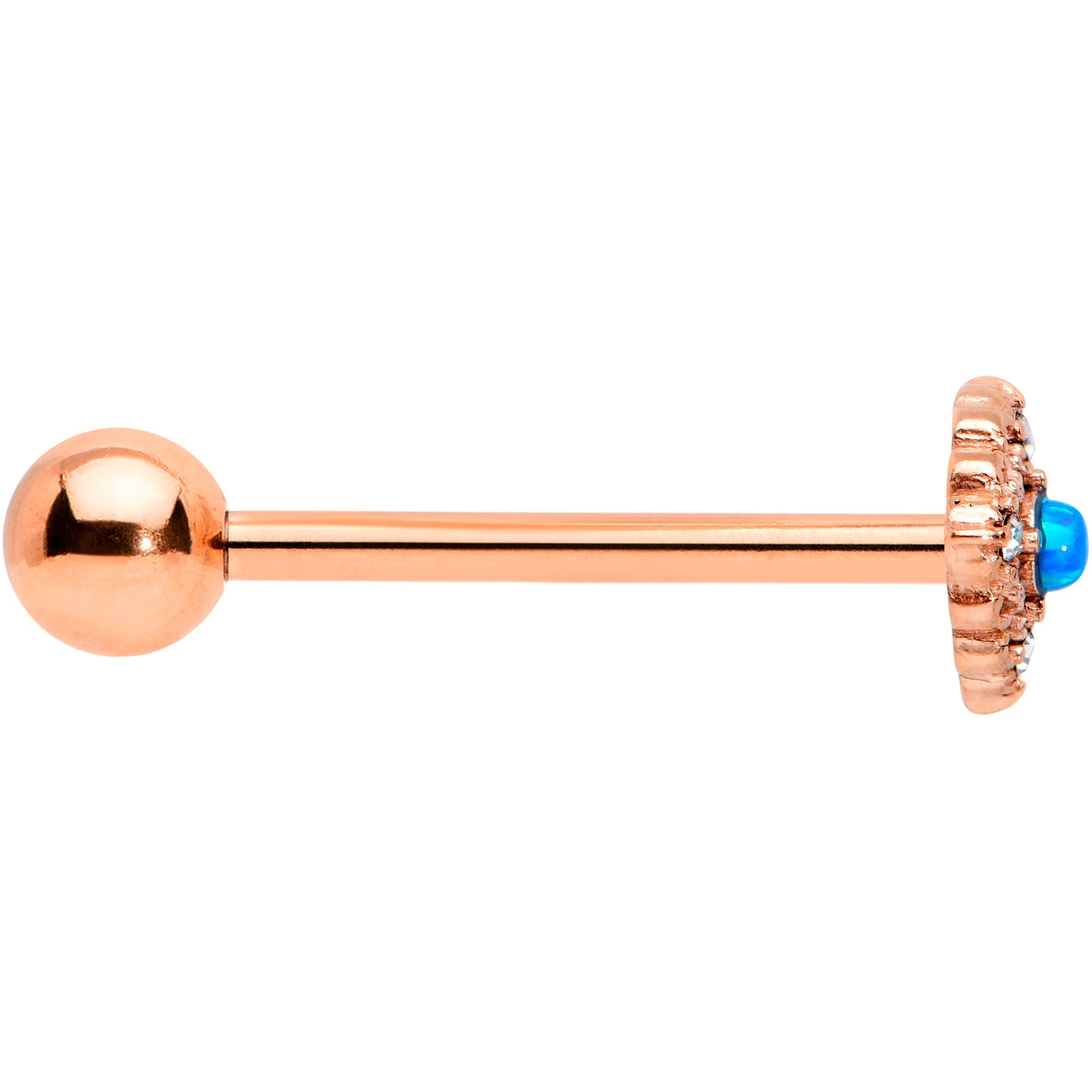 BodyCandy Blue Synthetic Opal Rose Gold Tone Lacy Barbell Tongue Ring — lifestyle context