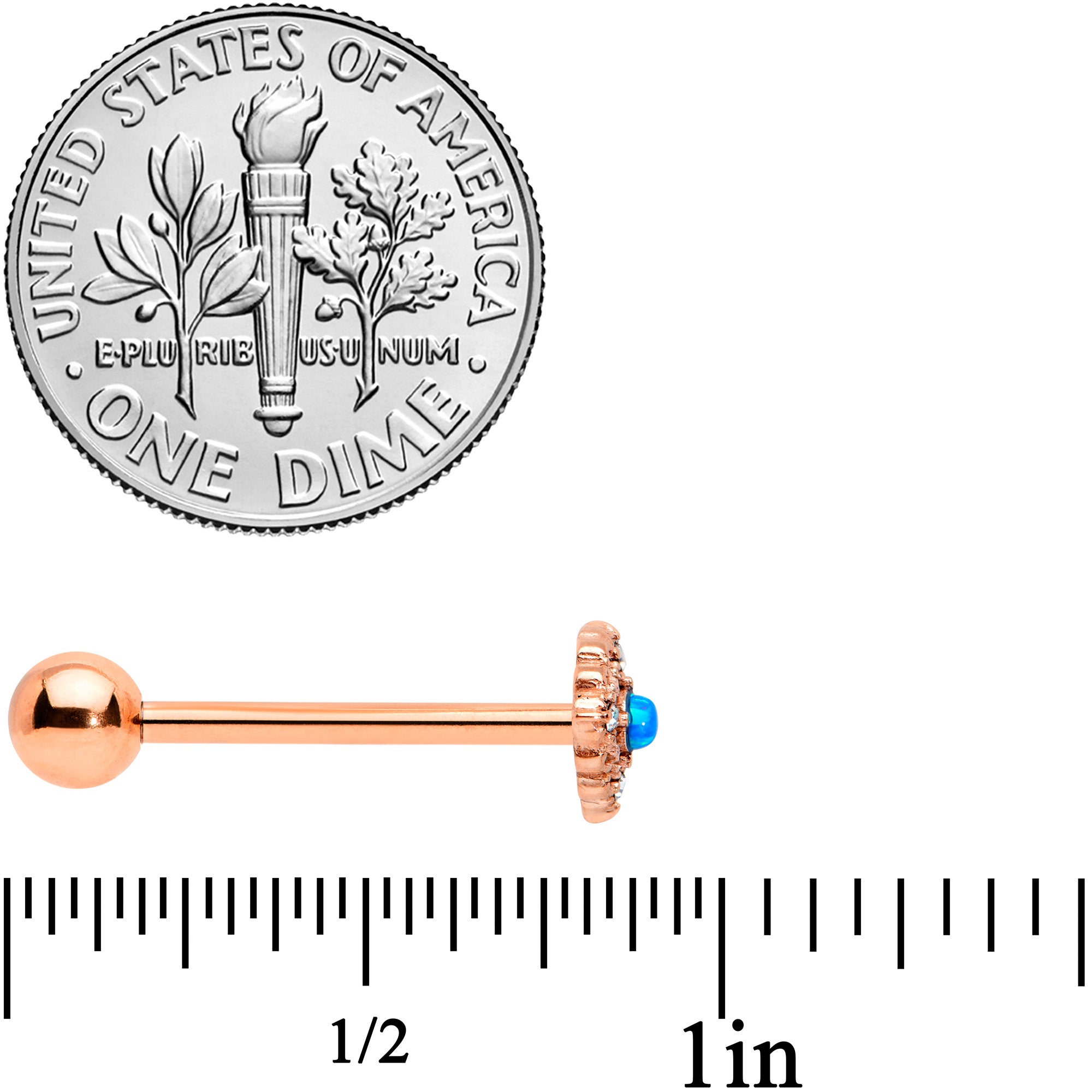 BodyCandy Blue Synthetic Opal Rose Gold Tone Lacy Barbell Tongue Ring — side view
