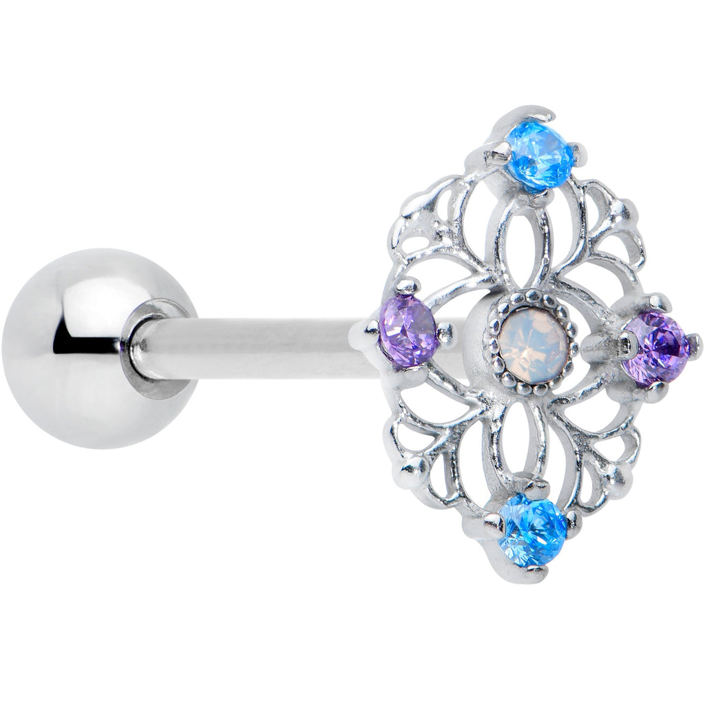 BodyCandy White Synthetic Opal Floral Web Barbell Tongue Ring — main product shot