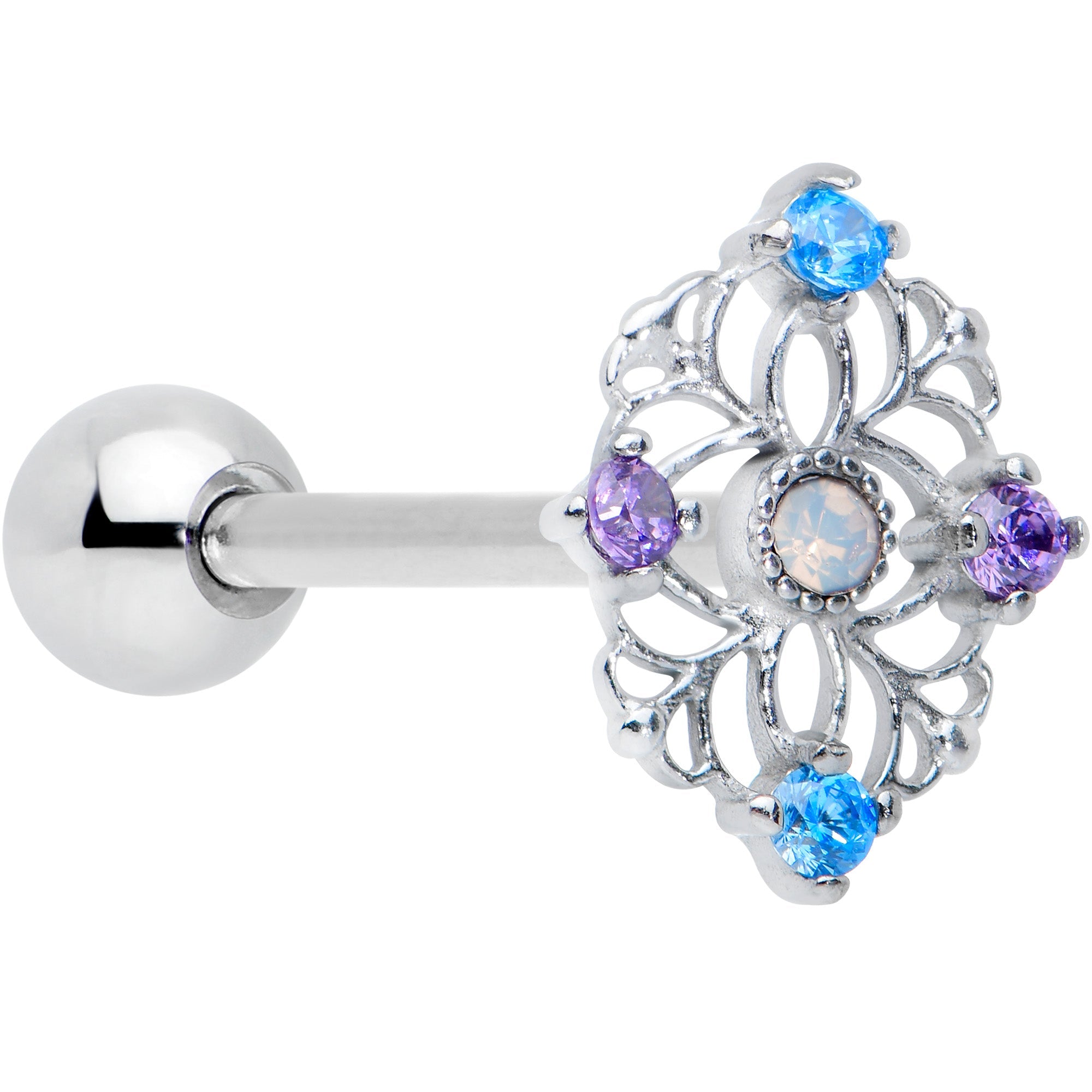 BodyCandy White Synthetic Opal Floral Web Barbell Tongue Ring — main product shot