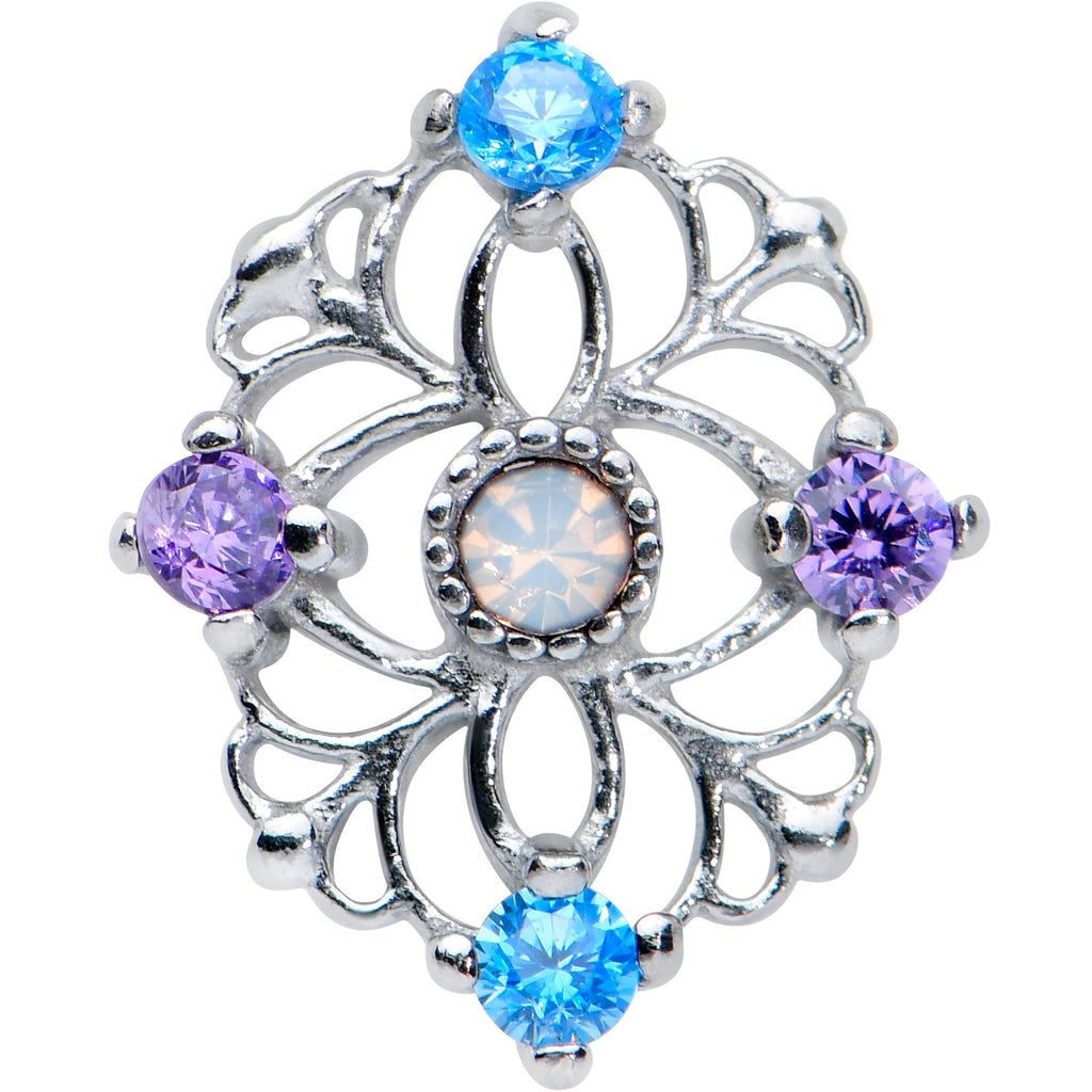 BodyCandy White Synthetic Opal Floral Web Barbell Tongue Ring — detail close-up