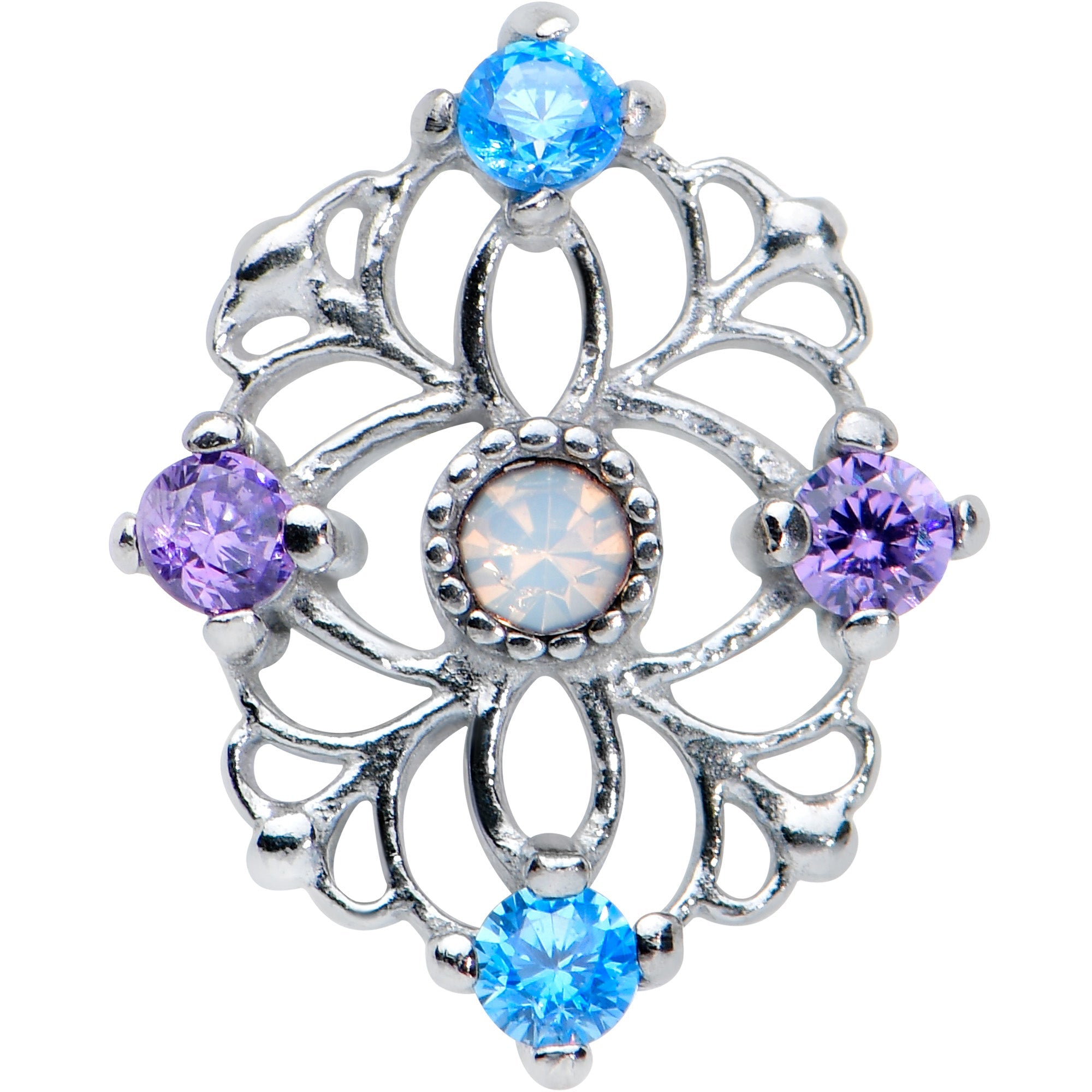 BodyCandy White Synthetic Opal Floral Web Barbell Tongue Ring — detail close-up
