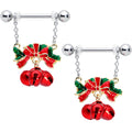 BodyCandy 14G 9/16 Holiday Red Bells Christmas Chain Dangle Nipple Ring Set — main product shot