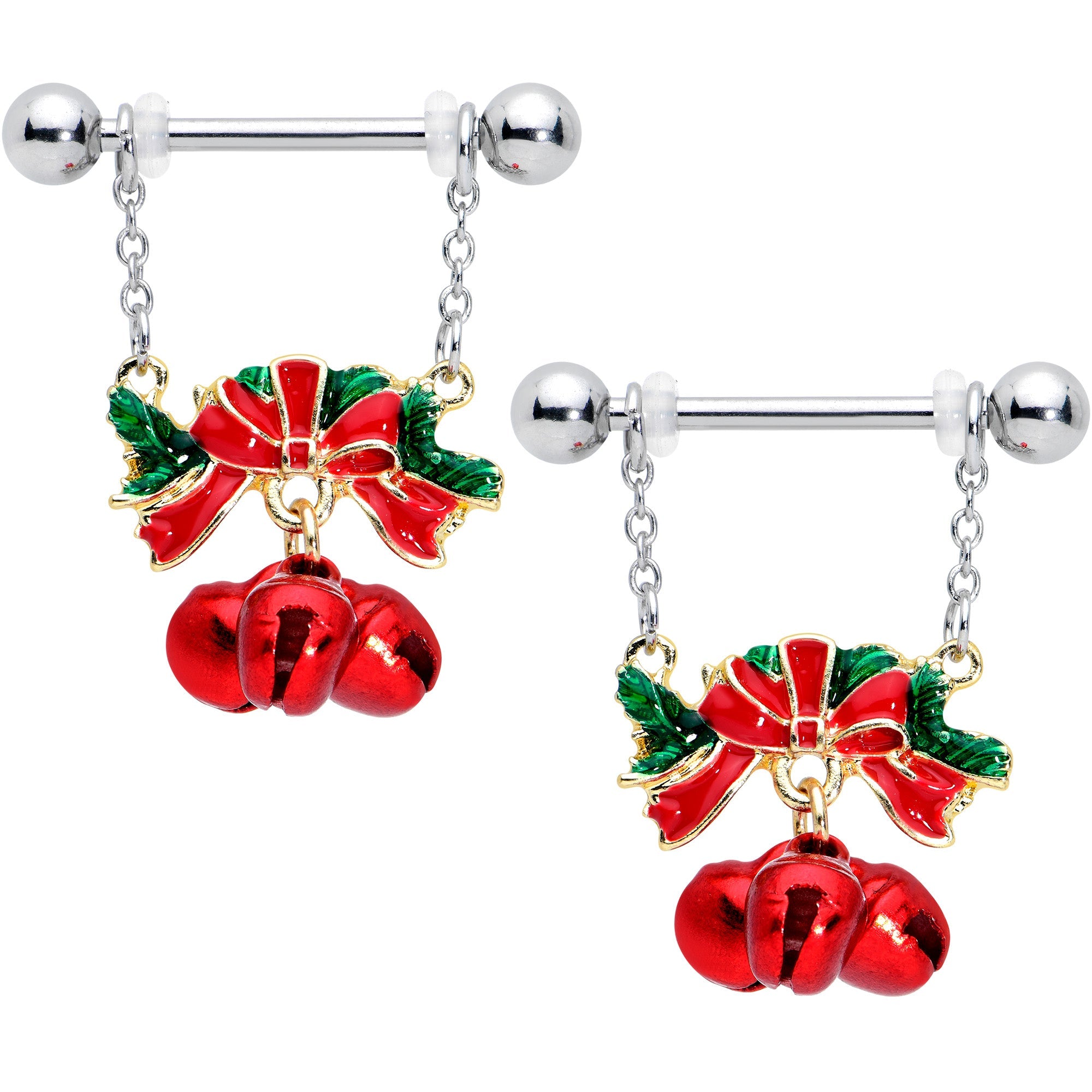 BodyCandy 14G 9/16 Holiday Red Bells Christmas Chain Dangle Nipple Ring Set — main product shot
