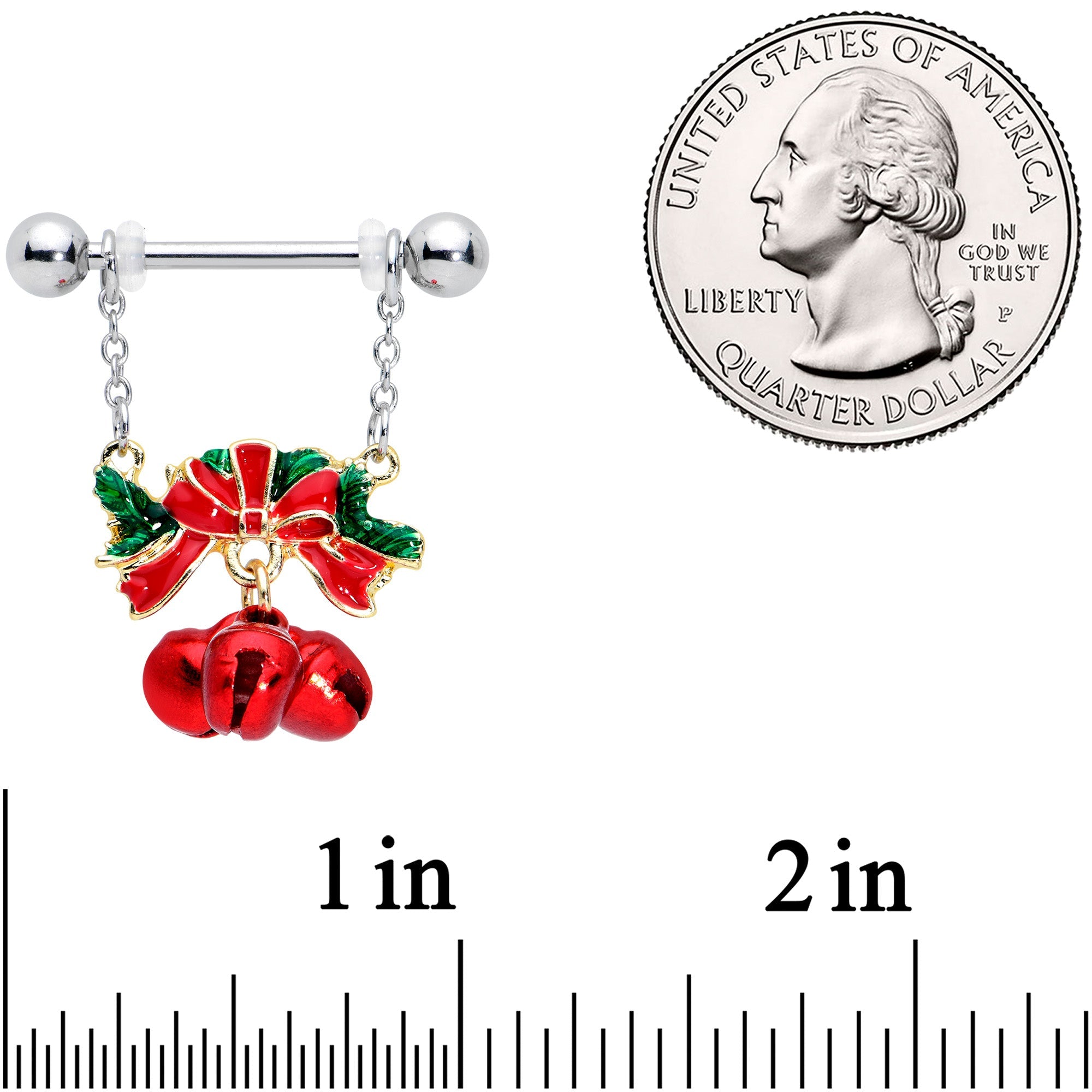 BodyCandy 14G 9/16 Holiday Red Bells Christmas Chain Dangle Nipple Ring Set — detail close-up
