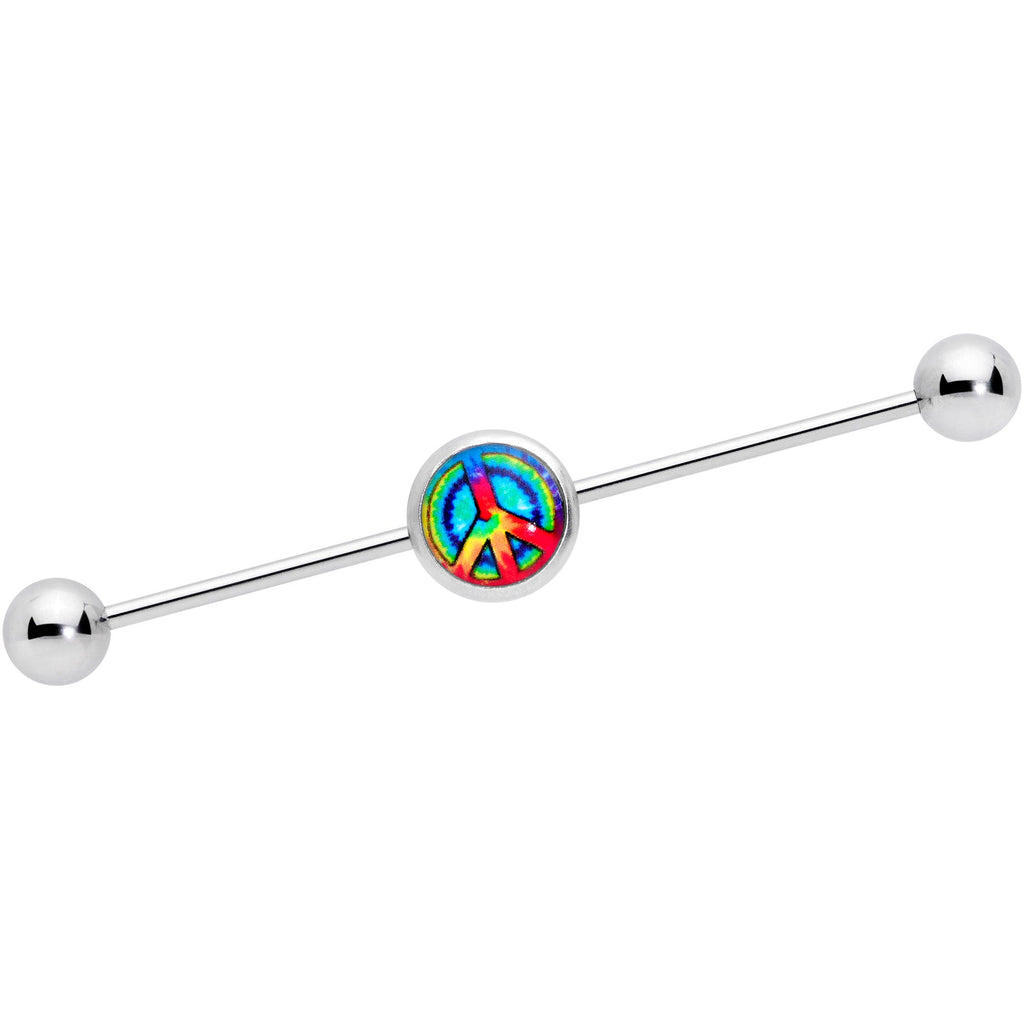 BodyCandy 14G Rainbow Tie Dye Peace Sign Industrial Barbell 38mm — main product shot