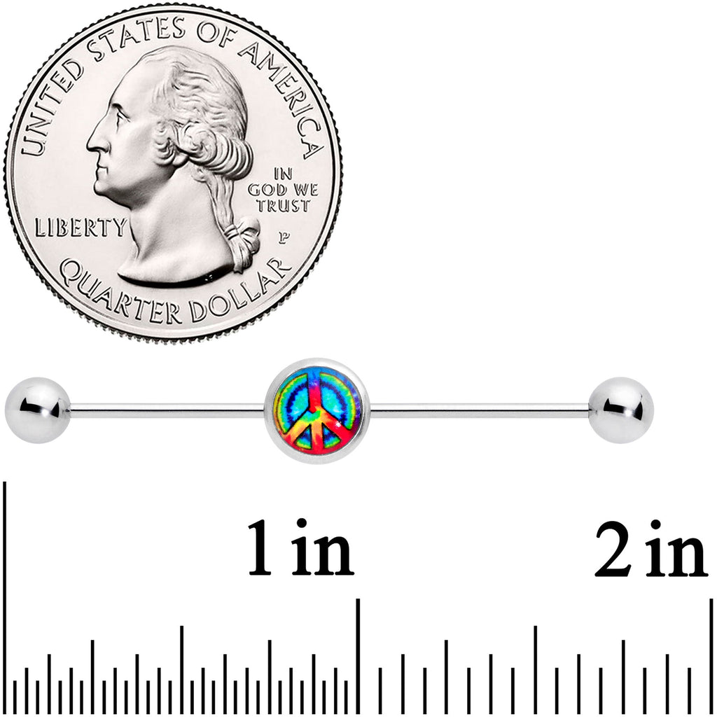 BodyCandy 14G Rainbow Tie Dye Peace Sign Industrial Barbell 38mm — detail close-up