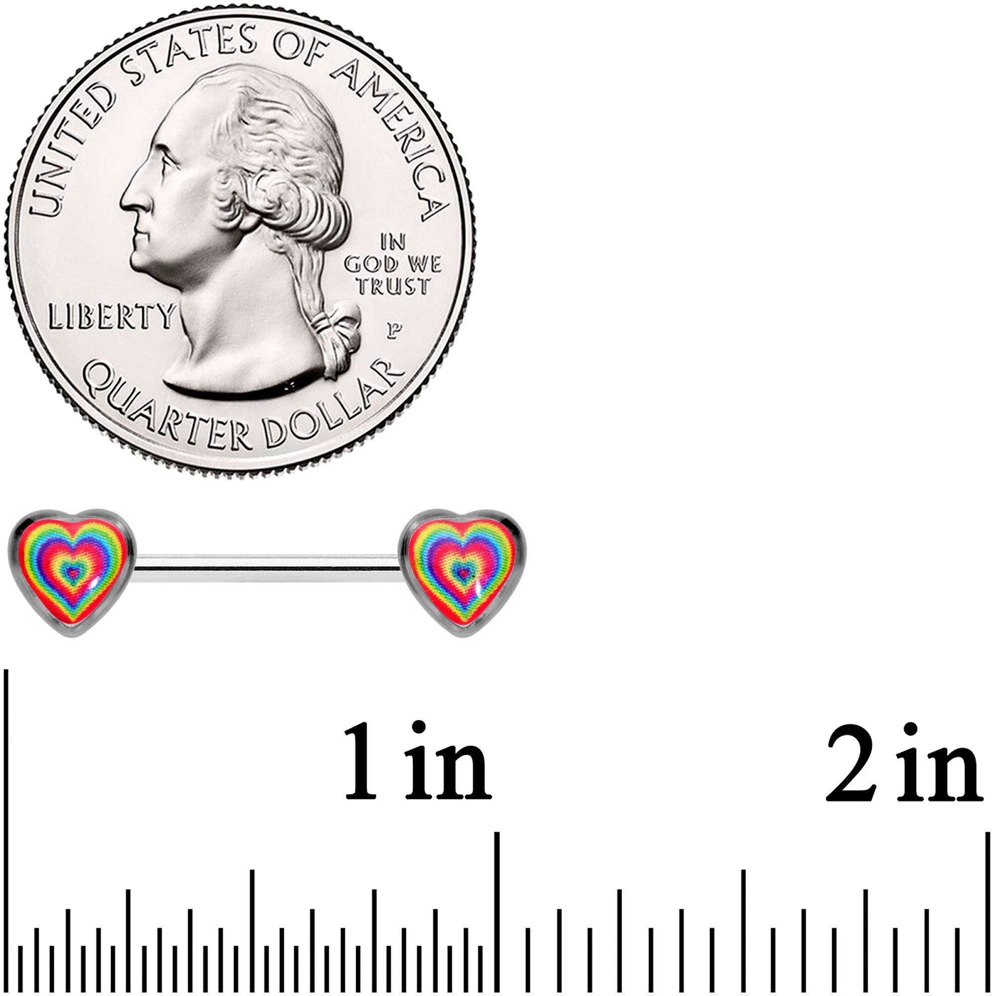 BodyCandy 14G 9/16 Rainbow Tie Dye Heart Valentines Day Nipple Ring Set — detail close-up