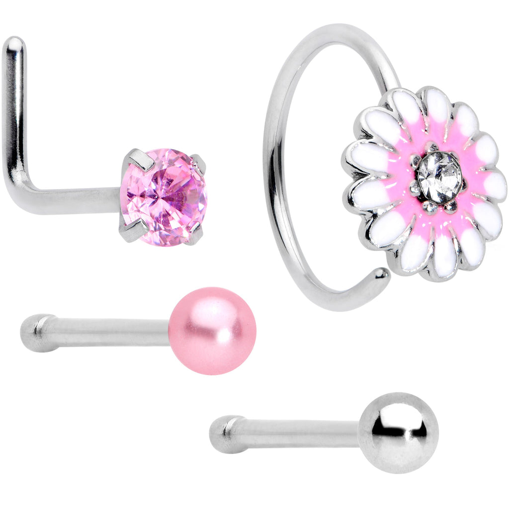 BodyCandy 20G 5/16 1/4 Pink CZ Gem Daisy Nose Hoop Bone L Shape Set of 4 — main product shot