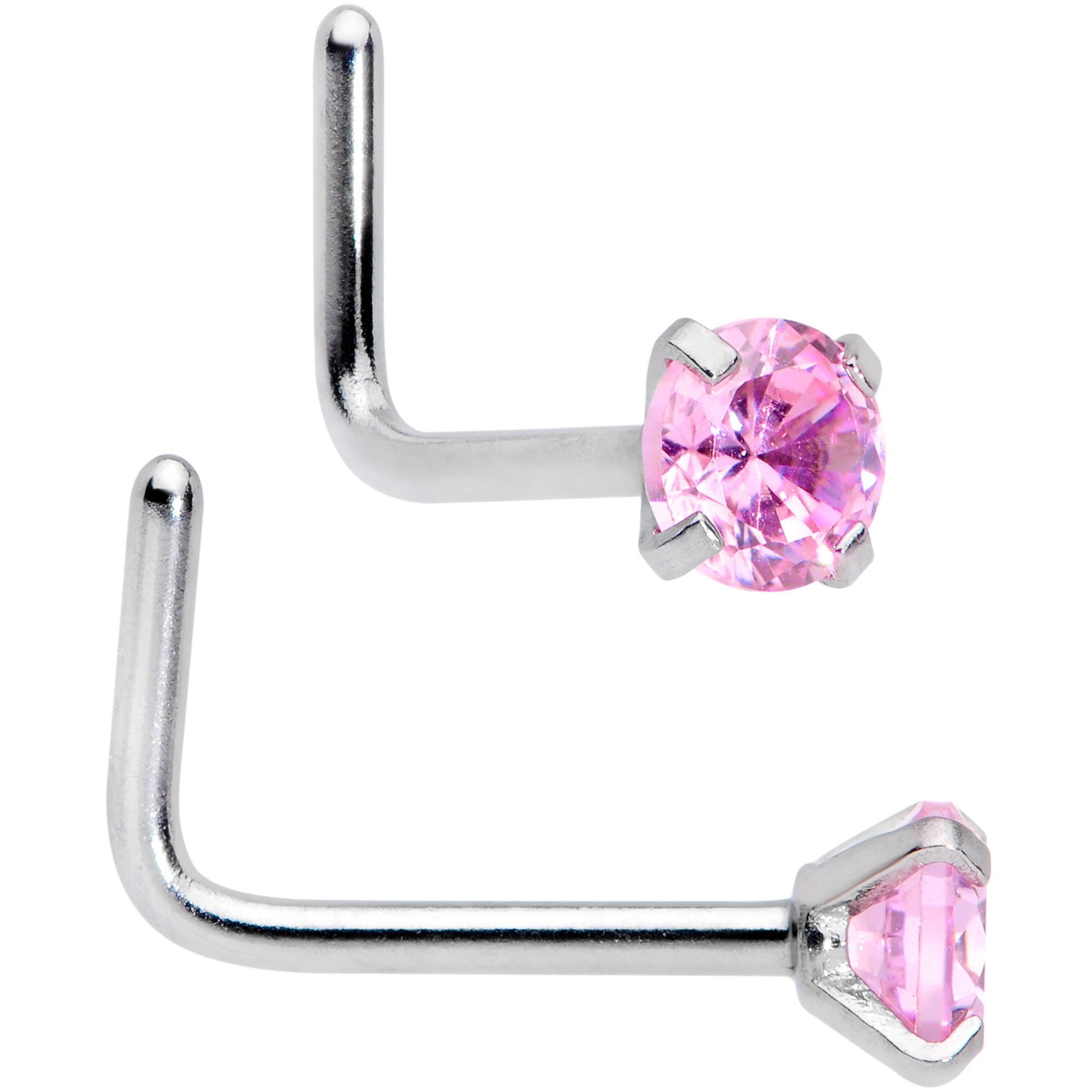 BodyCandy 20G 5/16 1/4 Pink CZ Gem Daisy Nose Hoop Bone L Shape Set of 4 — detail close-up