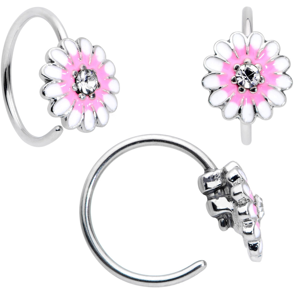 BodyCandy 20G 5/16 1/4 Pink CZ Gem Daisy Nose Hoop Bone L Shape Set of 4 — side view