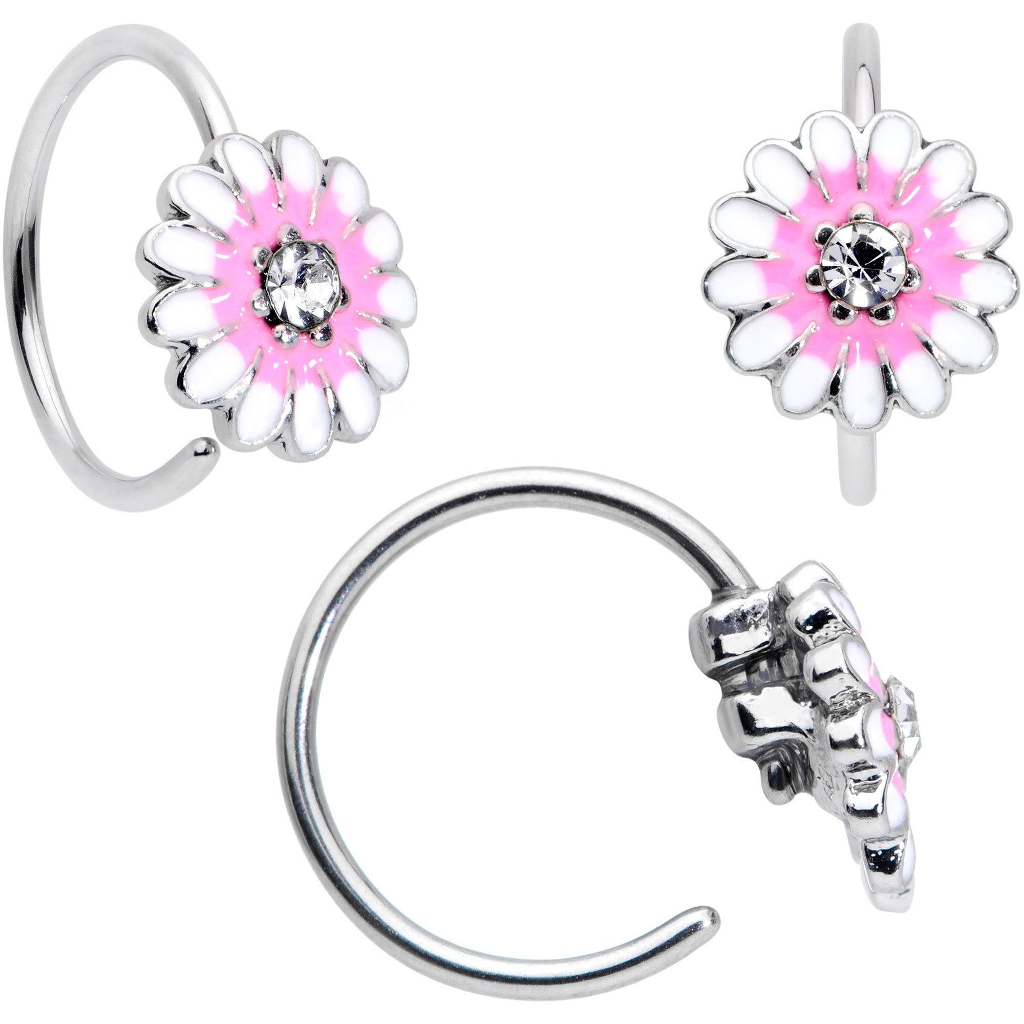 BodyCandy 20G 5/16 1/4 Pink CZ Gem Daisy Nose Hoop Bone L Shape Set of 4 — side view