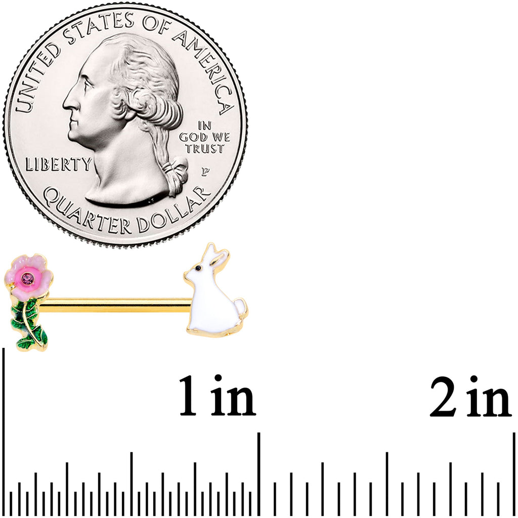 BodyCandy 14G 9/16 Pink Gem Gold Tone Easter Bunny Flower Nipple Ring Set — detail close-up