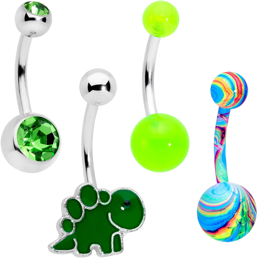 BodyCandy Green Gem UV Glow Color Swirl Dinosaur Belly Ring Set of 4 — main product shot