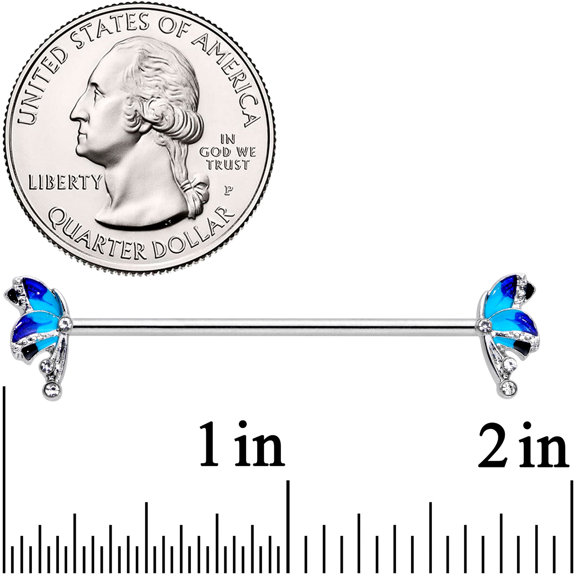 BodyCandy 14G Clear Gem Blue Butterfly Industrial Barbell 38mm — detail close-up