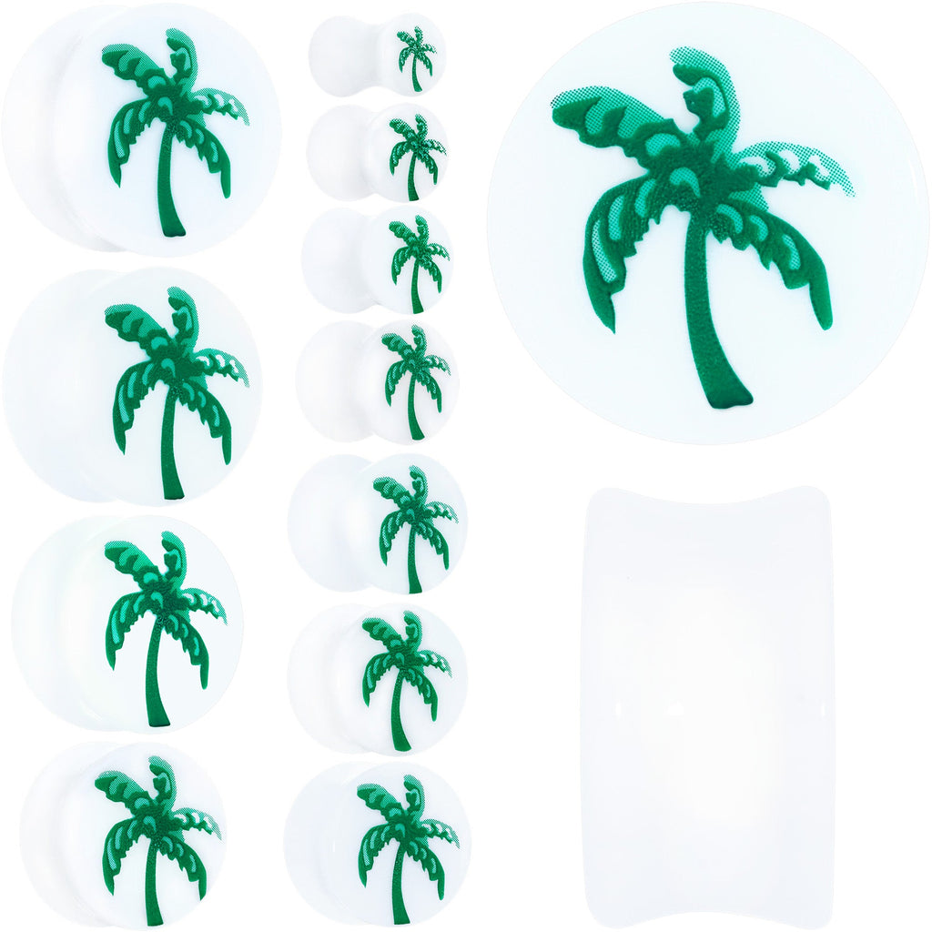 BodyCandy White Acrylic Green Palm Tree Saddle Plug Set — main product shot