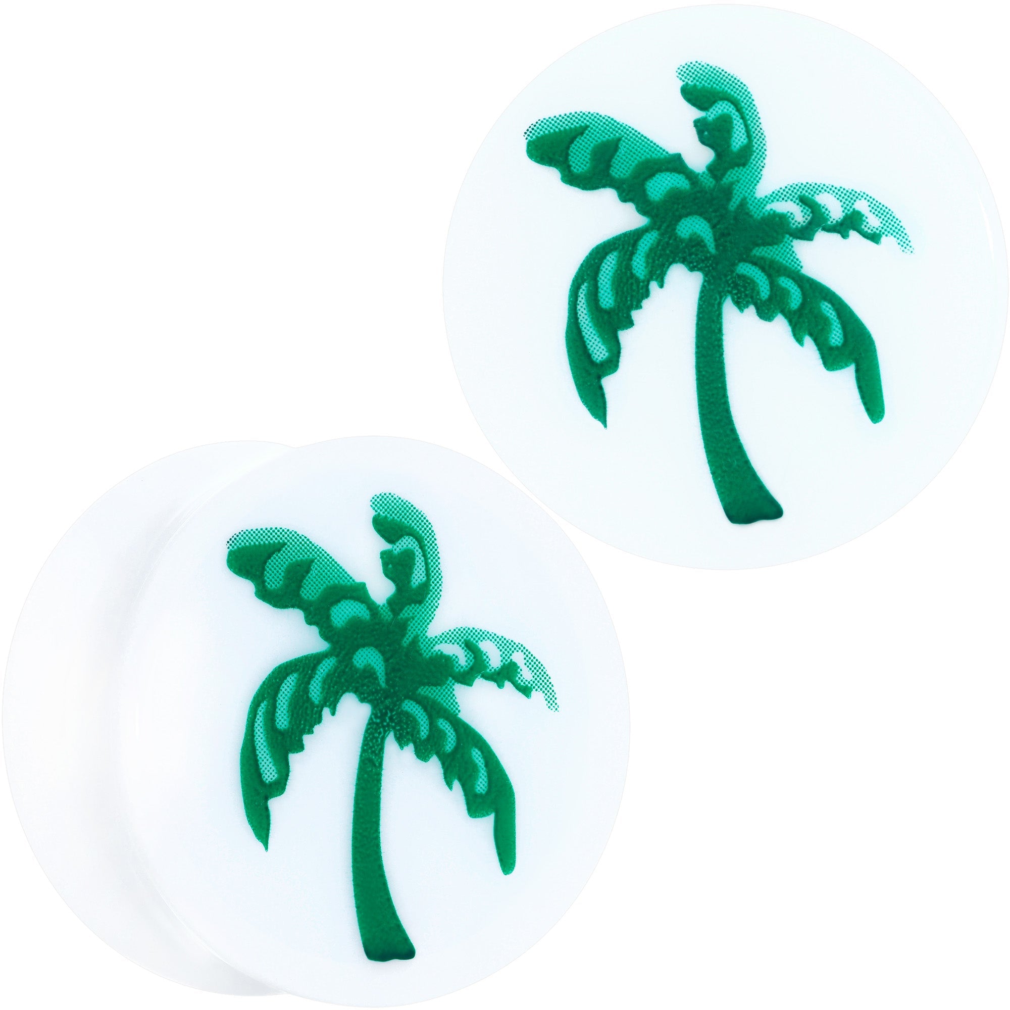 BodyCandy White Acrylic Green Palm Tree Saddle Plug Set — detail close-up
