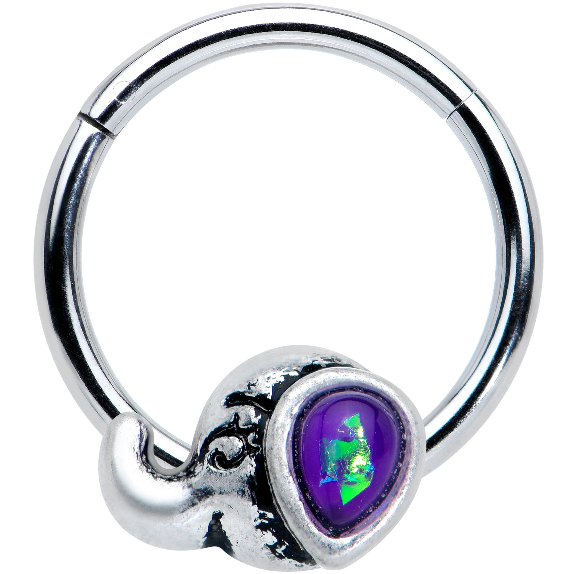 BodyCandy 16G 3/8 Blue Faux Opal Elegant Elephant Hinged Segment Ring — main product shot