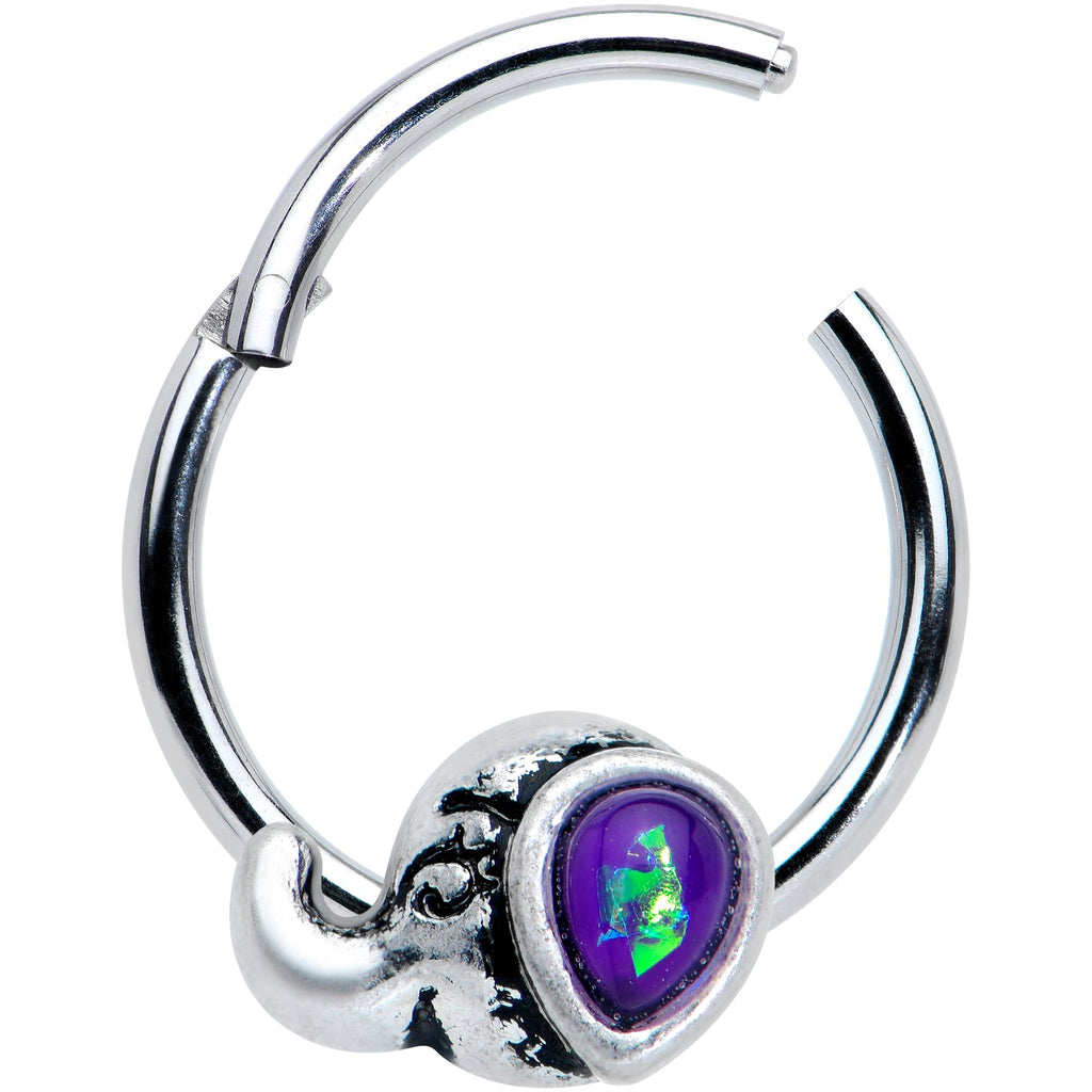 BodyCandy 16G 3/8 Blue Faux Opal Elegant Elephant Hinged Segment Ring — detail close-up