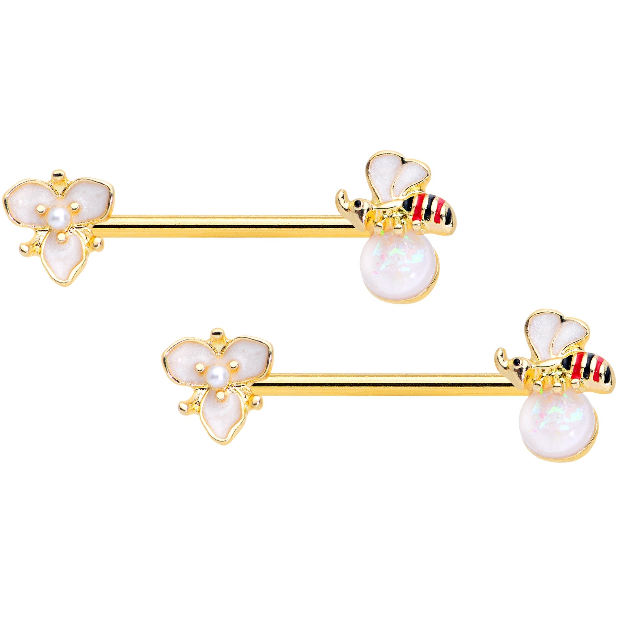 BodyCandy 14G 9/16 White Faux Opal Gold Tone Insect Flower Nipple Ring Set — main product shot