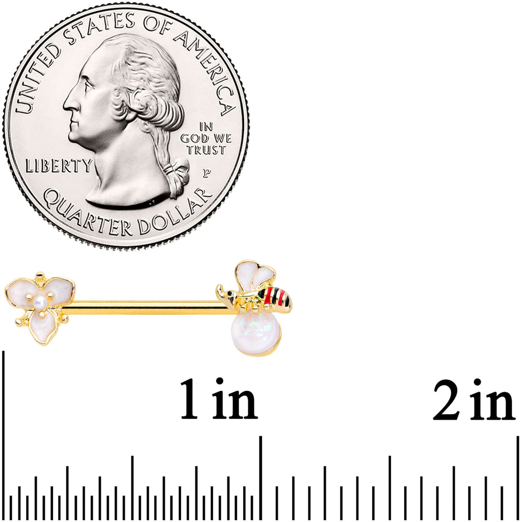 BodyCandy 14G 9/16 White Faux Opal Gold Tone Insect Flower Nipple Ring Set — detail close-up