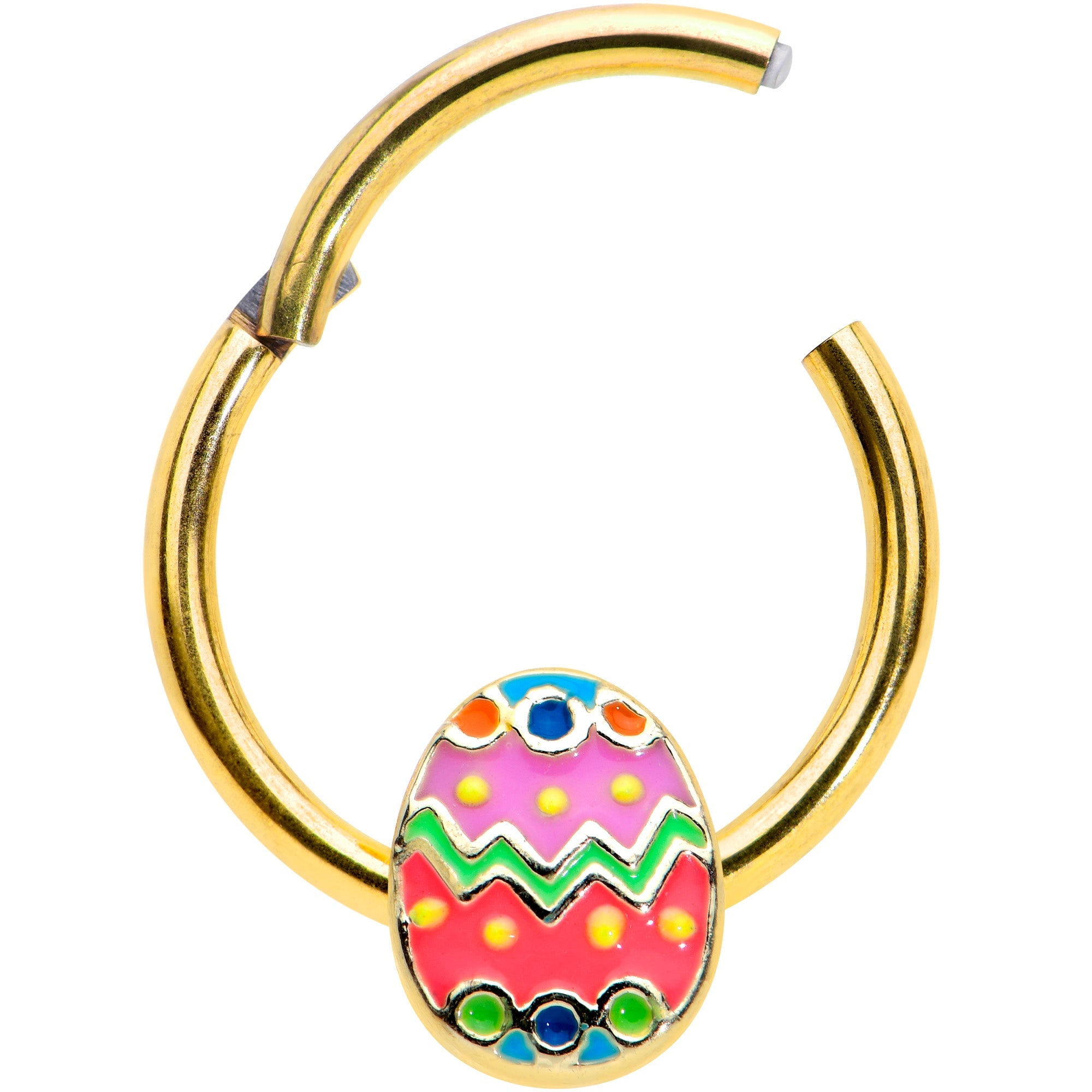 BodyCandy 16G 3/8 Gold Tone Funky Painted Easter Egg Hinged Segment Ring — detail close-up