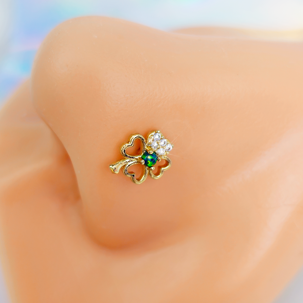 BodyCandy 20G 1/4 Green Synthetic Opal Gold Tone Shamrock St Pats Nose Bone — detail close-up