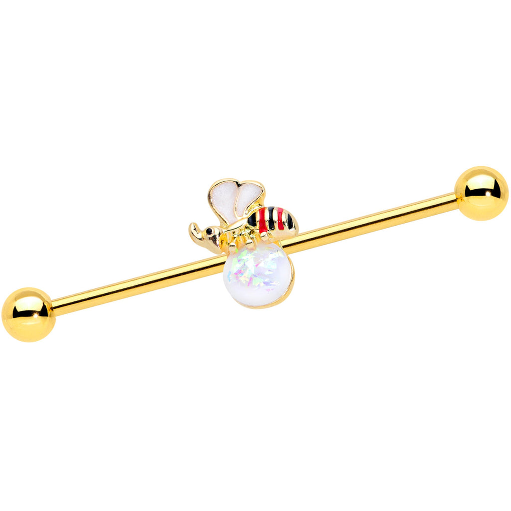 BodyCandy 14G White Faux Opal Gold Tone Insect Industrial Barbell 38mm — main product shot