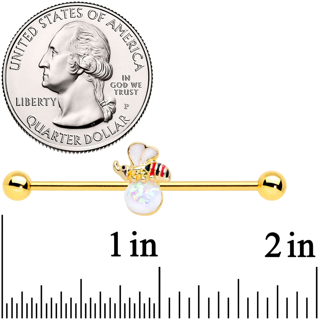 BodyCandy 14G White Faux Opal Gold Tone Insect Industrial Barbell 38mm — detail close-up