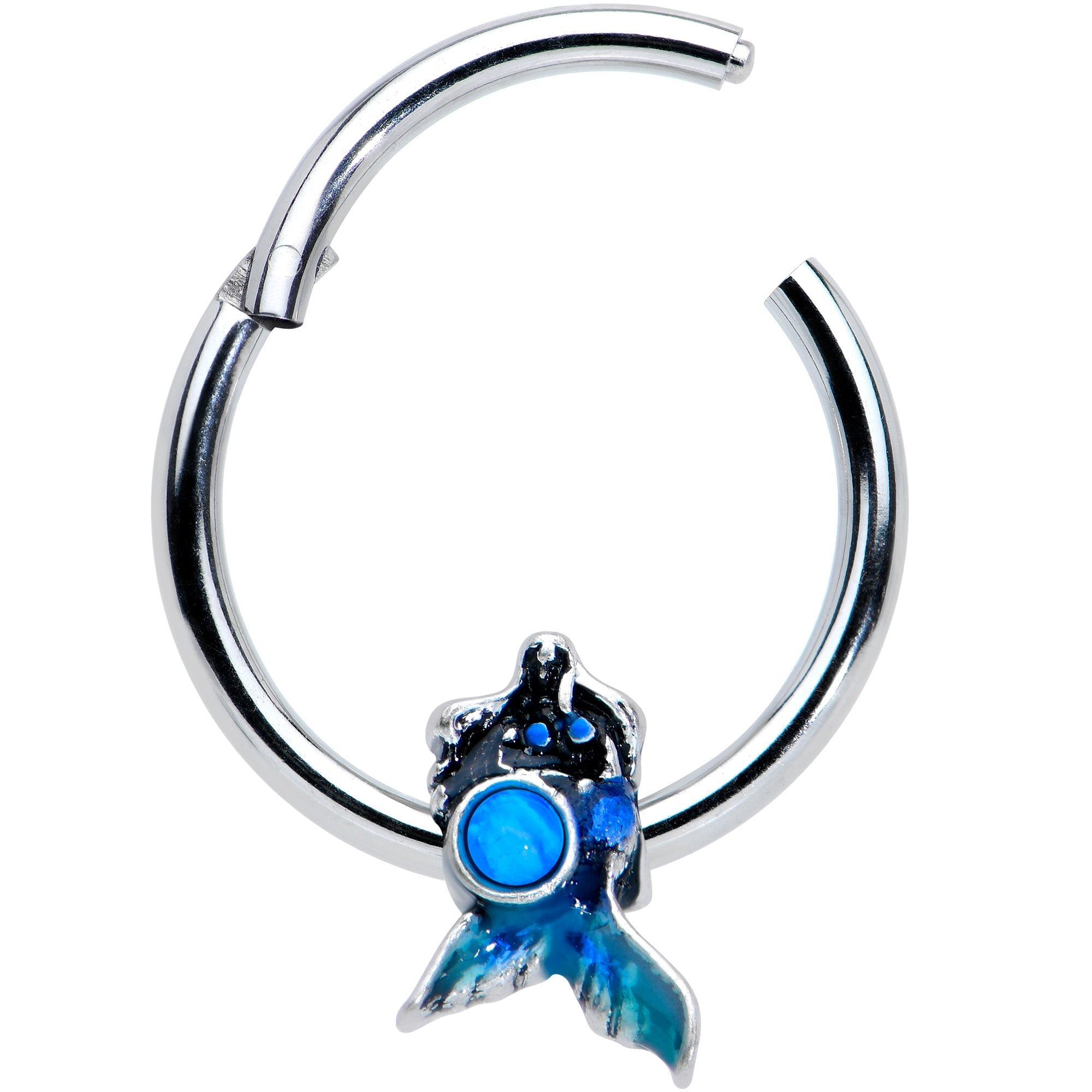 BodyCandy 16G 3/8 Blue Synthetic Opal Blue Tail Mermaid Hinged Segment Ring — detail close-up