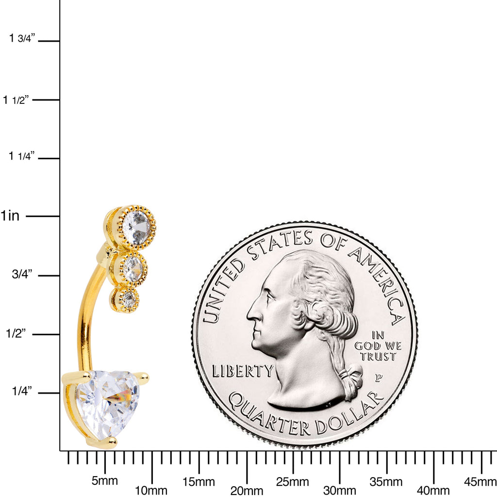 BodyCandy Clear CZ Gem Gold Tone Triple Drop Heart Belly Ring — detail close-up