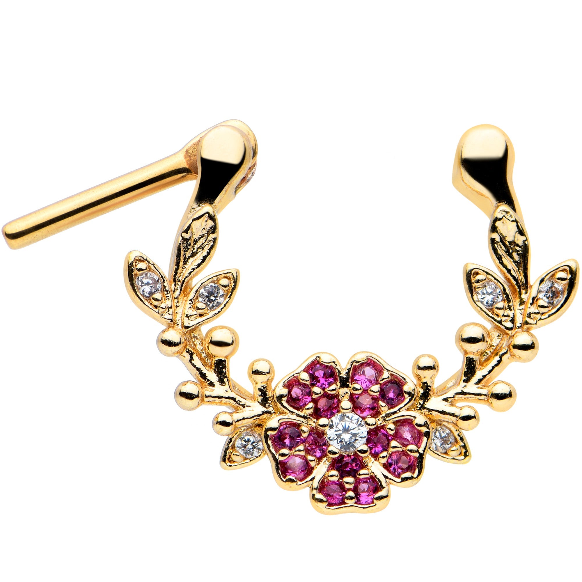 BodyCandy 16G 5/16 Clear Pink Gem Gold Tone Floral Vine Cartilage Clicker — detail close-up