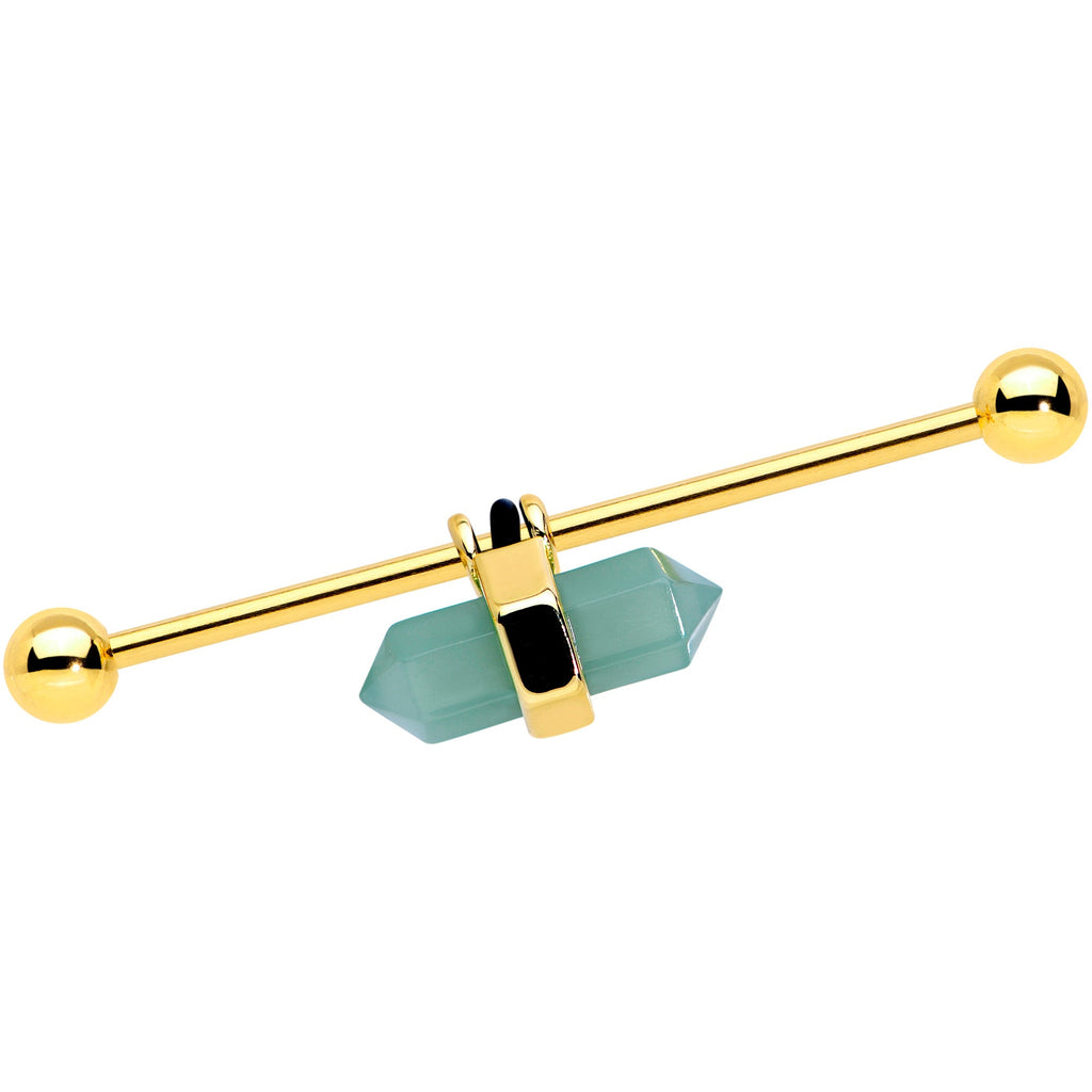BodyCandy 14G Gold Tone Green Gem Groovy Stone Hippie Industrial Barbell 38mm — main product shot