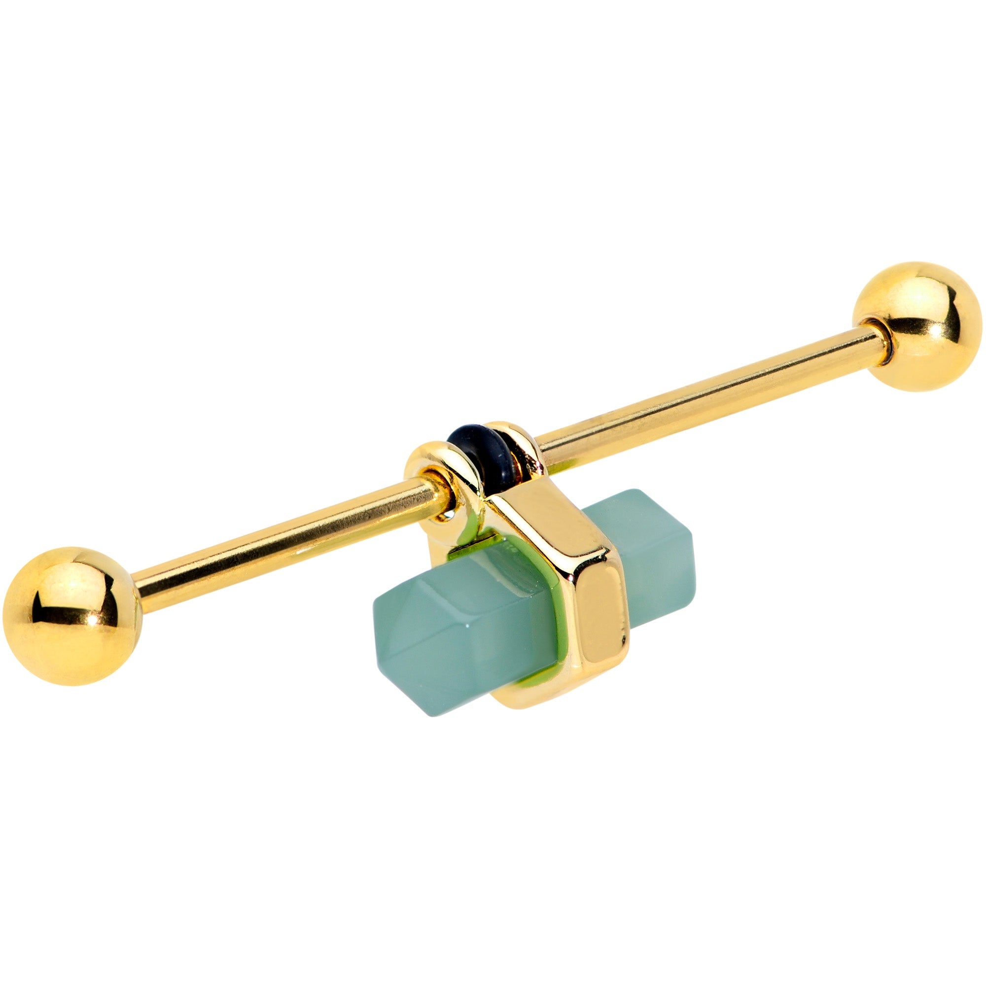 BodyCandy 14G Gold Tone Green Gem Groovy Stone Hippie Industrial Barbell 38mm — detail close-up
