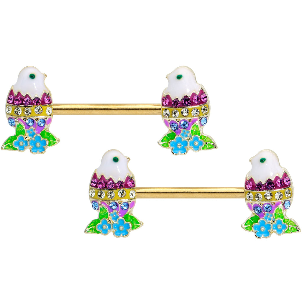 BodyCandy 14G 9/16 Clear Blue Gem Gold Tone Easter Chick Nipple Ring Set — main product shot