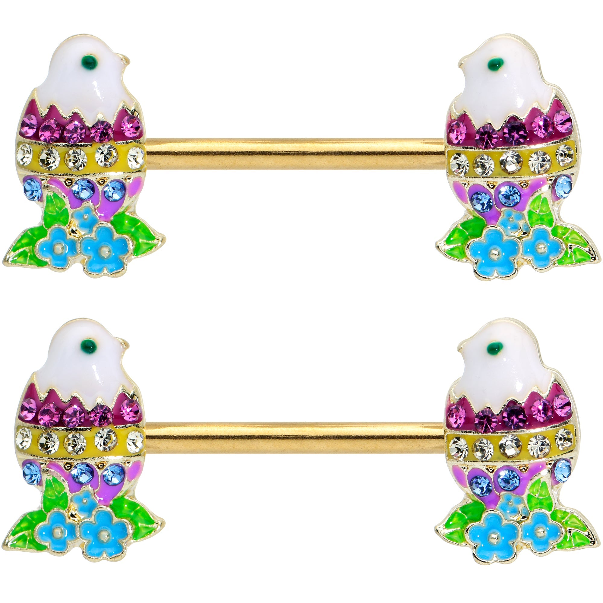 BodyCandy 14G 9/16 Clear Blue Gem Gold Tone Easter Chick Nipple Ring Set — detail close-up