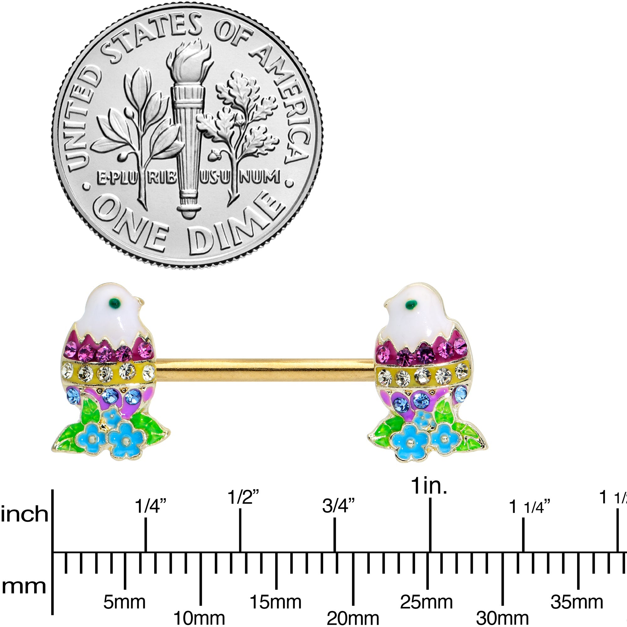 BodyCandy 14G 9/16 Clear Blue Gem Gold Tone Easter Chick Nipple Ring Set — lifestyle context